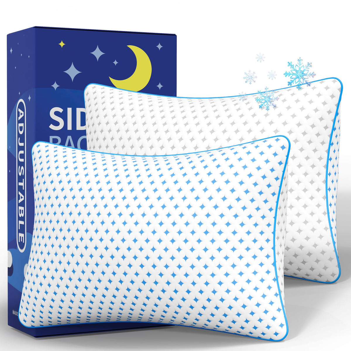 ezepilw front view of king pillow pair showing packaging and benefit of two-pack convenience