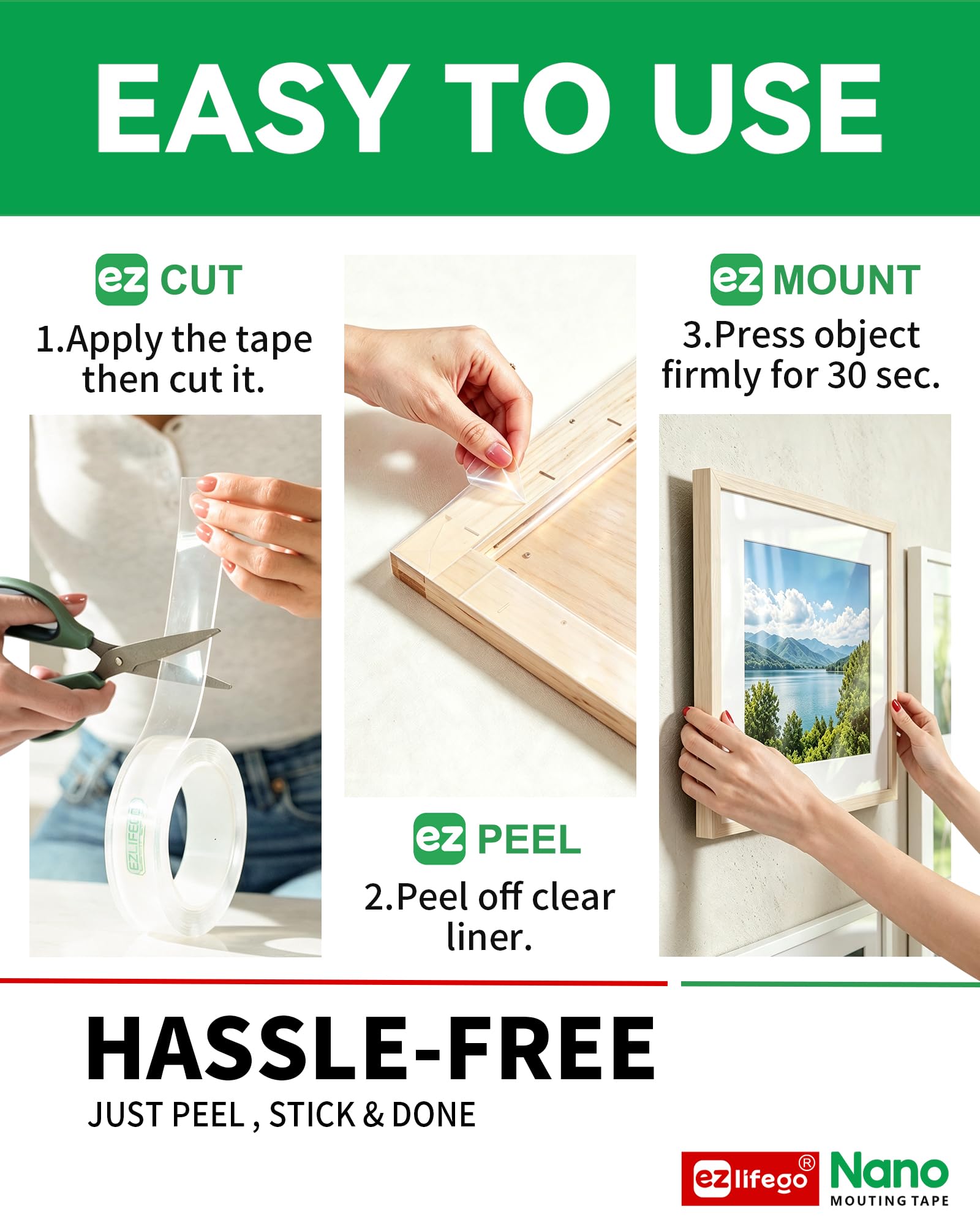 EZlifego tape adhered to tile, glass, wood sample surfaces for versatility