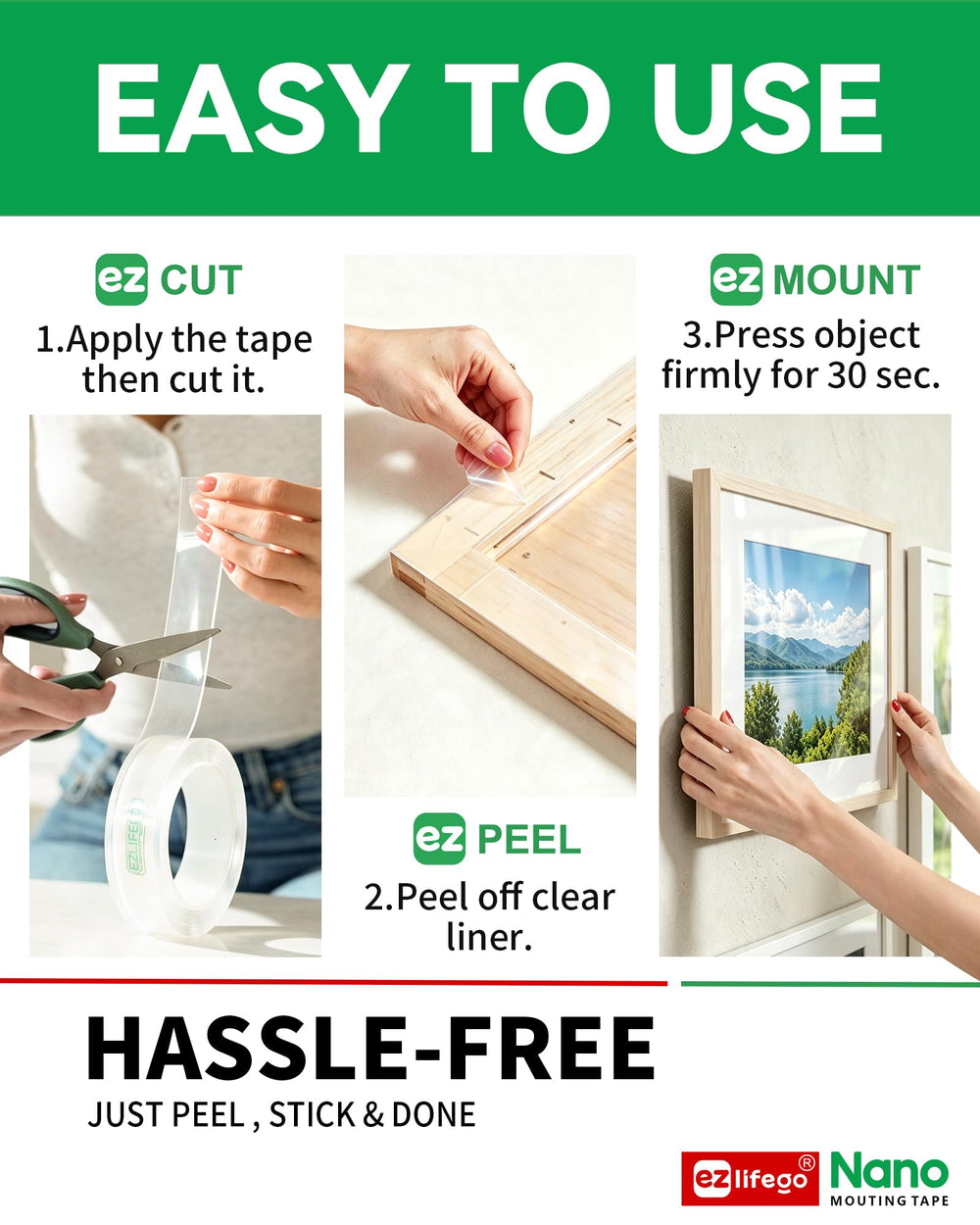 EZlifego tape adhered to tile, glass, wood sample surfaces for versatility