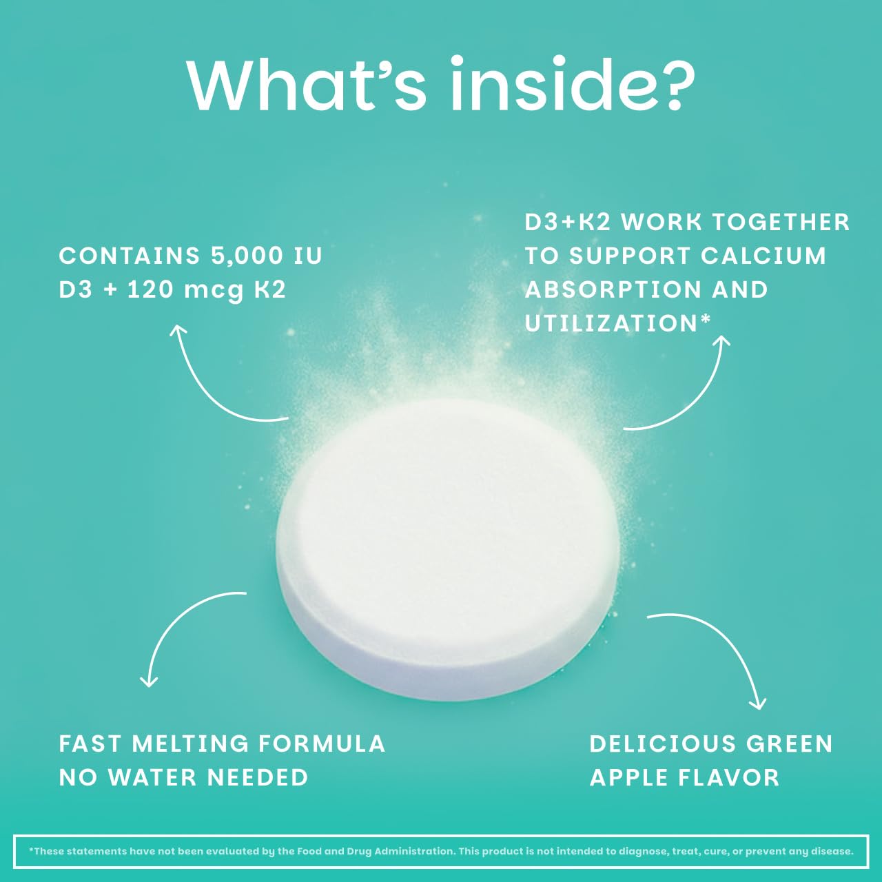 EZ Melts supplement facts label highlighting D3 5000 IU and K2