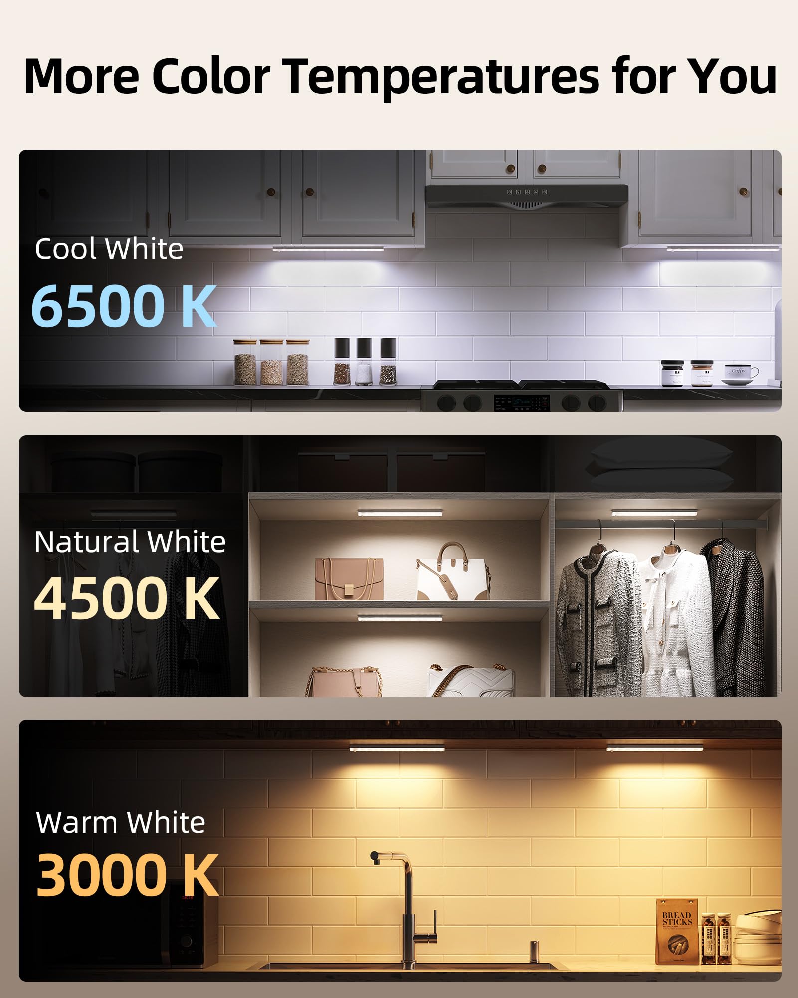 EZVALO lights showing warm, natural, and cool color temperatures for versatile lighting