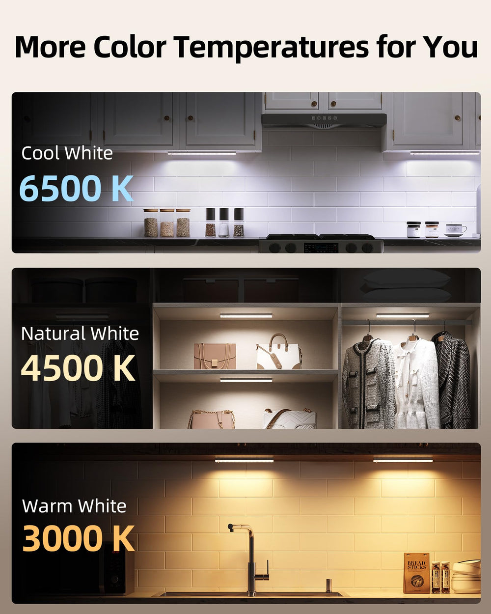 EZVALO lights showing warm, natural, and cool color temperatures for versatile lighting