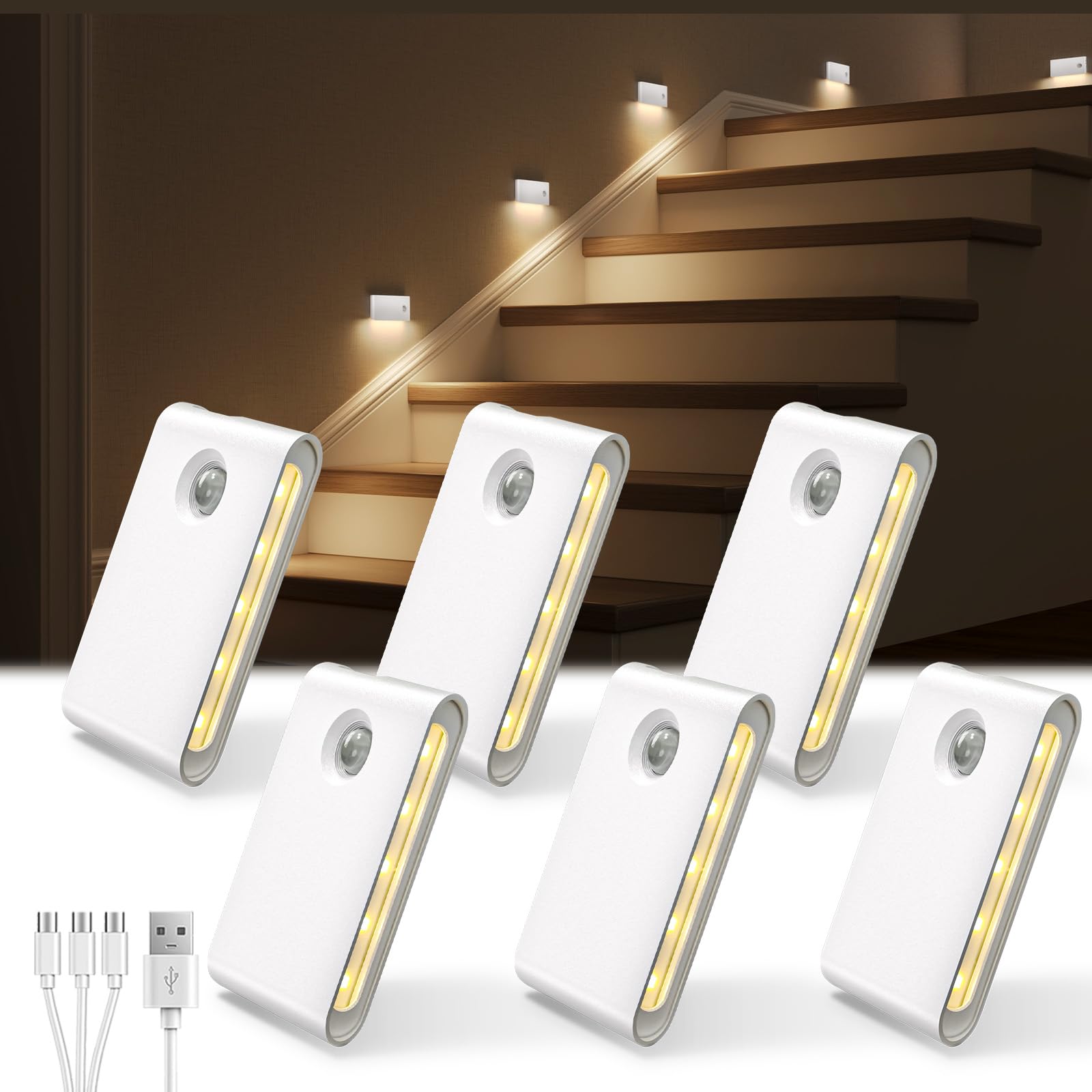 EZVALO front packaging showing six rechargeable motion sensor night lights for whole-path illumination