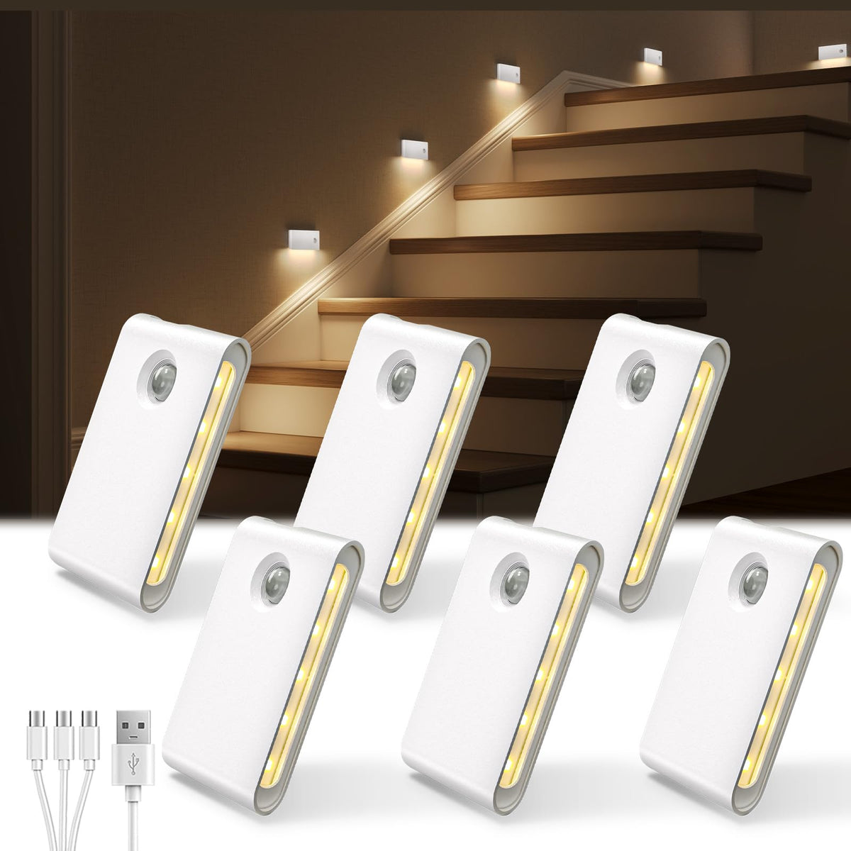 EZVALO front packaging showing six rechargeable motion sensor night lights for whole-path illumination