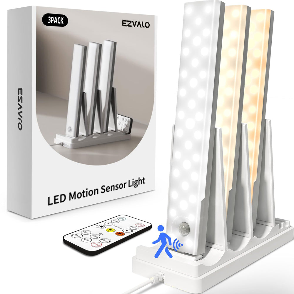 EZVALO product pack showing three lights and charging dock, easy setup benefit