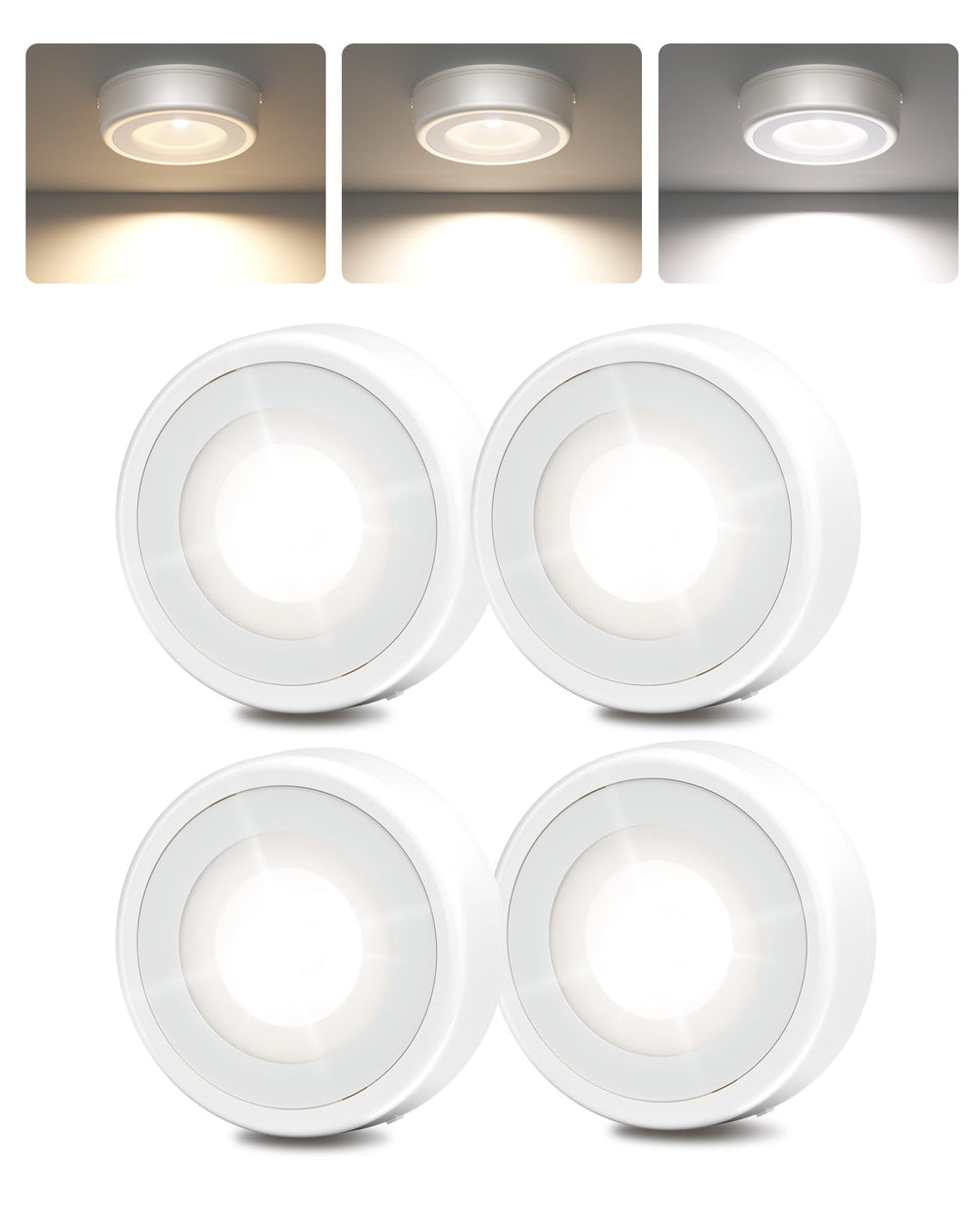 EZVALO front view of four puck lights showing compact pack and benefits