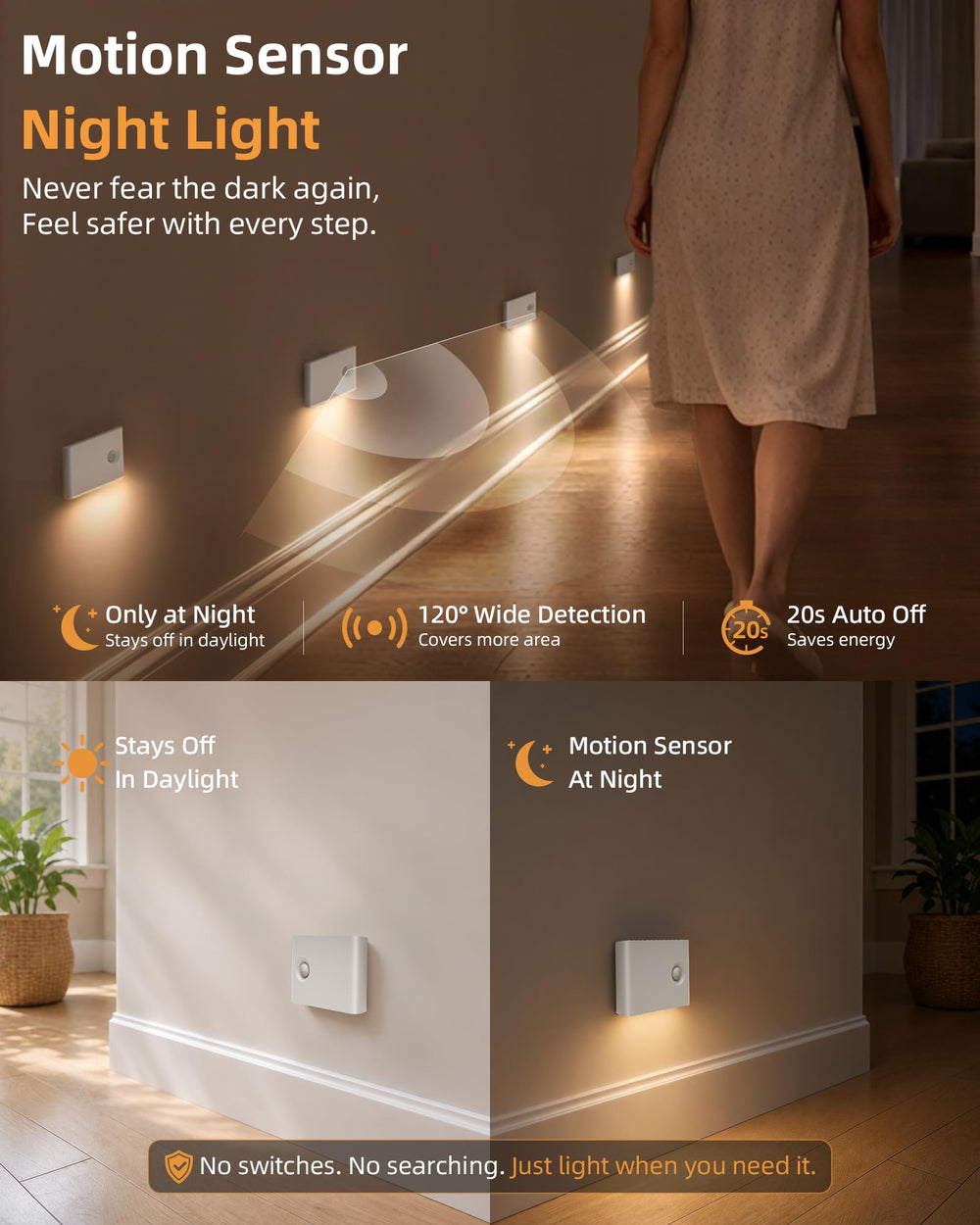 EZVALO lights in a dim hallway producing warm 3000K glow for safer nighttime navigation