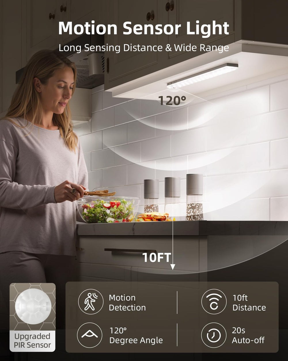 EZVALO puck light mounted under kitchen cabinet for hands-free task lighting