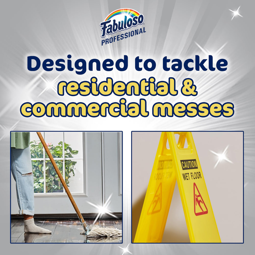 Person mopping a commercial floor with Fabuloso demonstrating effective degreasing and fresh scent