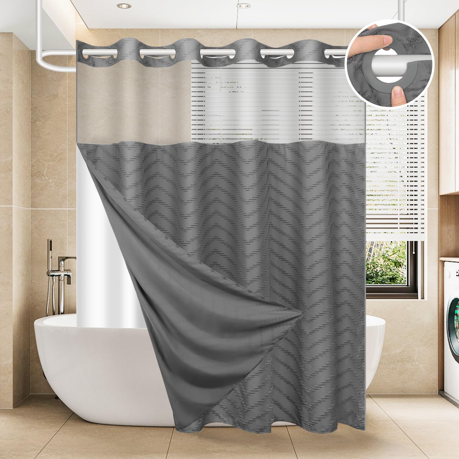FADOTY front view of grey curtain showing ready-to-hang benefit