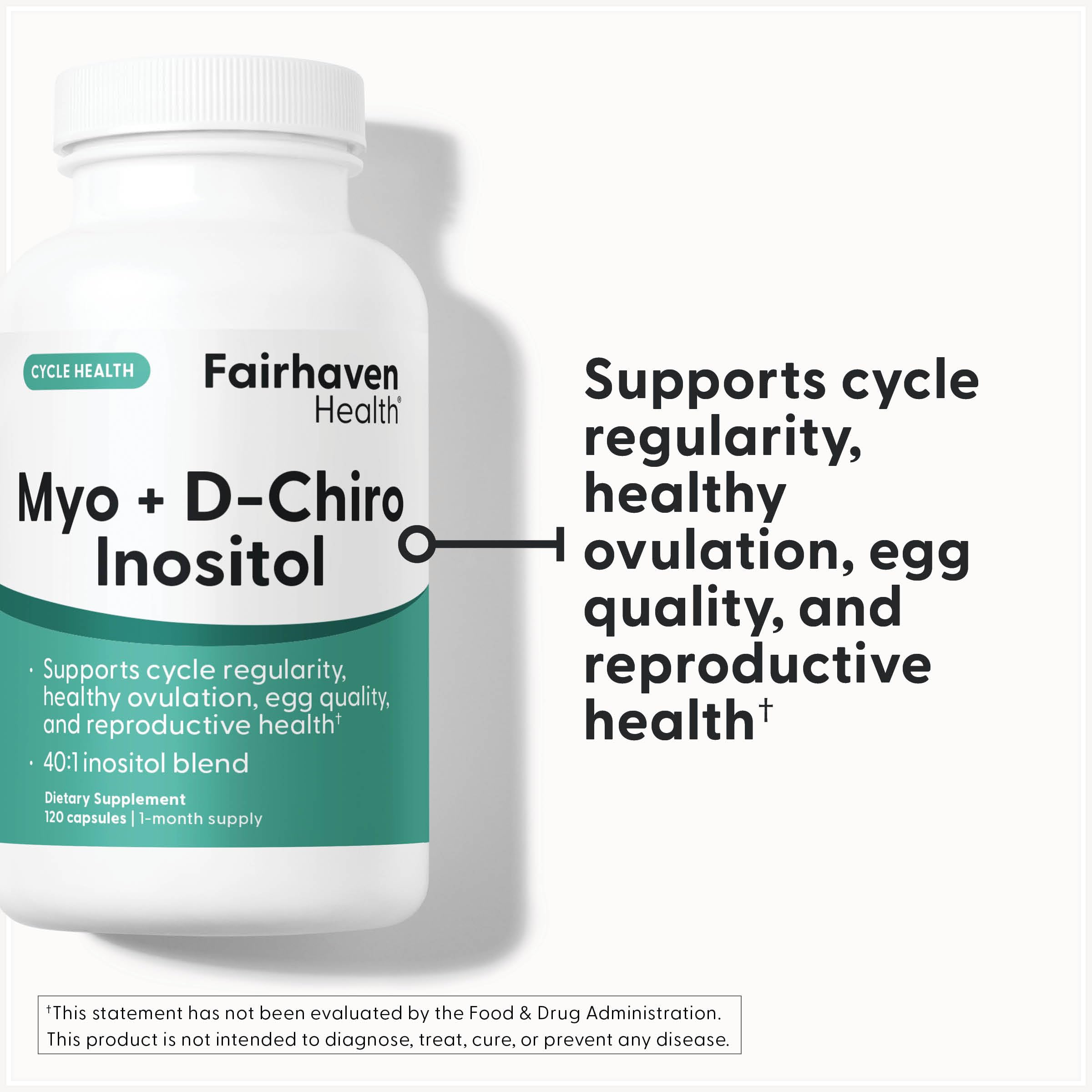 Fairhaven Health bottle label close-up highlighting myo and d-chiro inositol blend