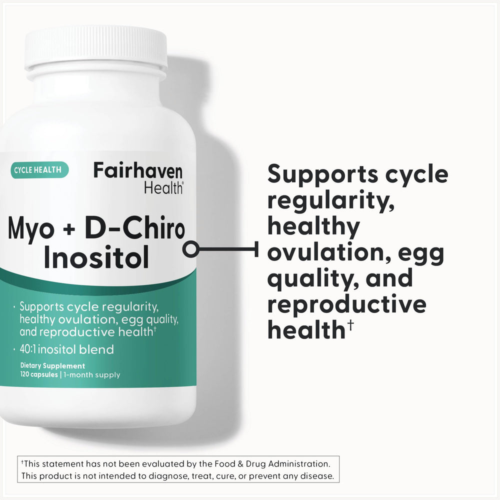 Fairhaven Health bottle label close-up highlighting myo and d-chiro inositol blend