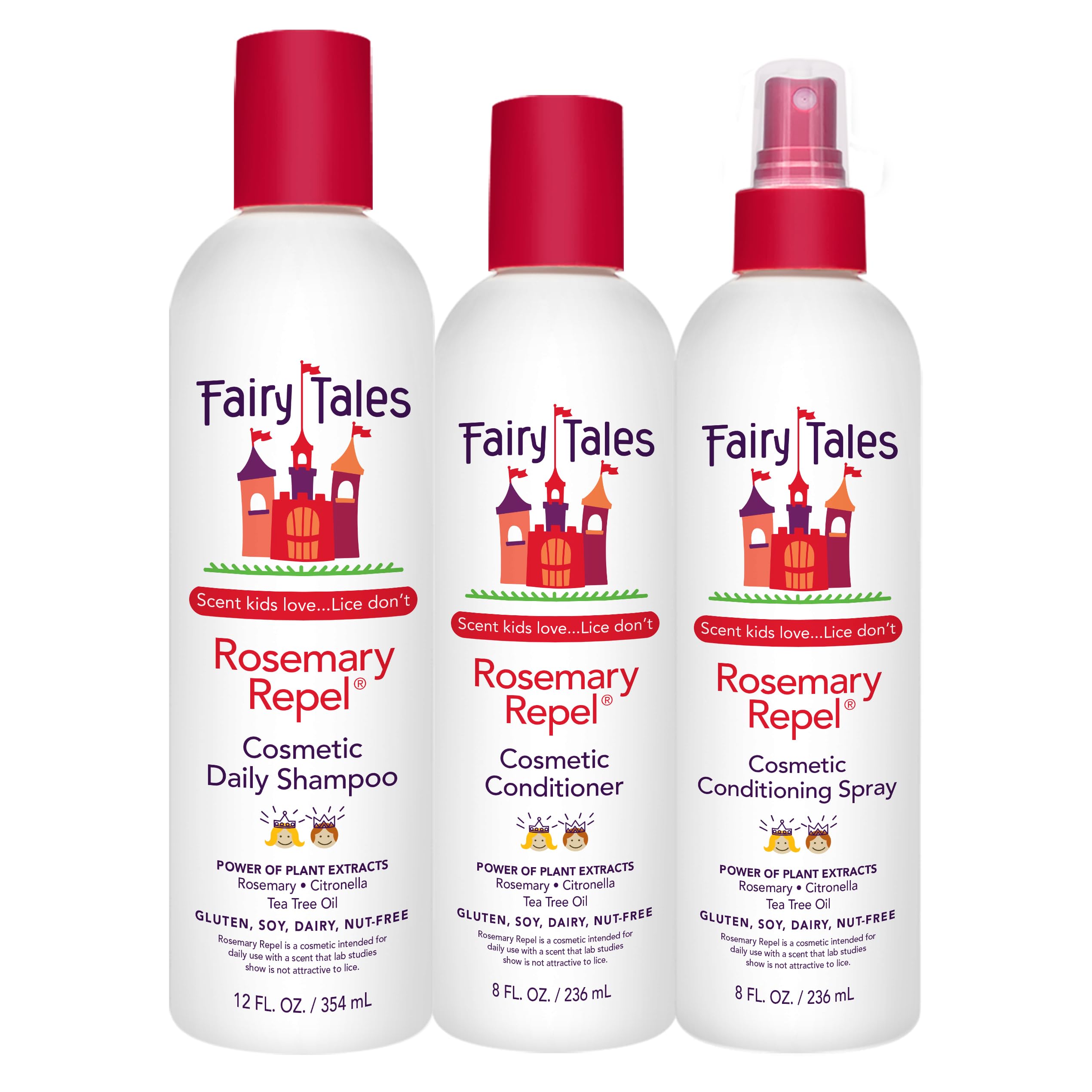 Fairy Tales front packaging trio showing bottles and friendly label, promotes easy routine