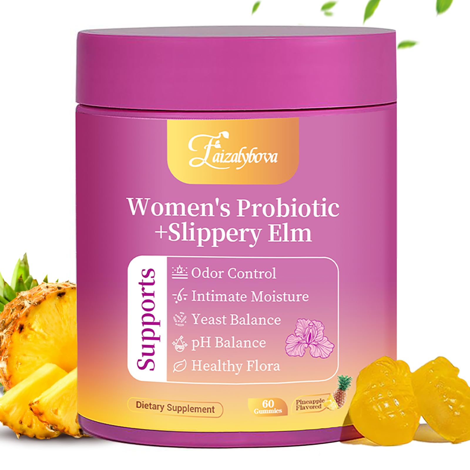 Faizalybova front packaging showing bottle and pineapple benefit