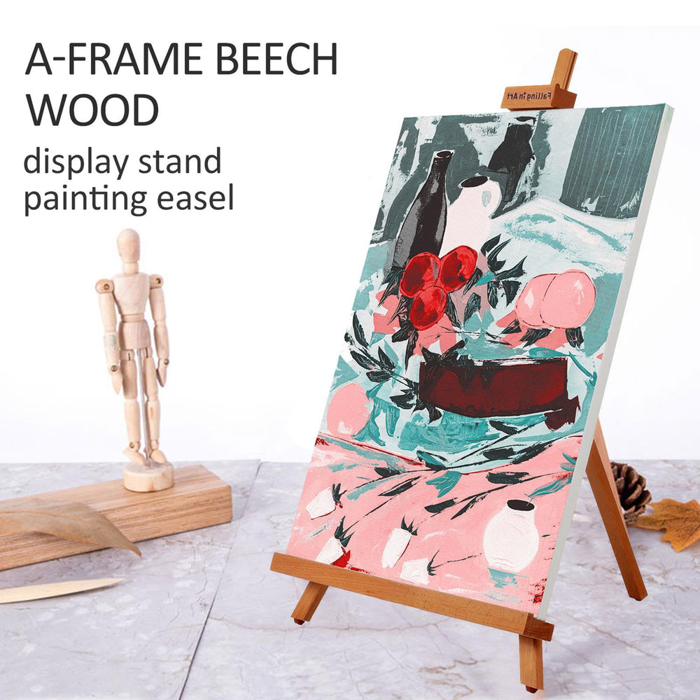 Falling in Art easel on table displaying framed art for professional presentation