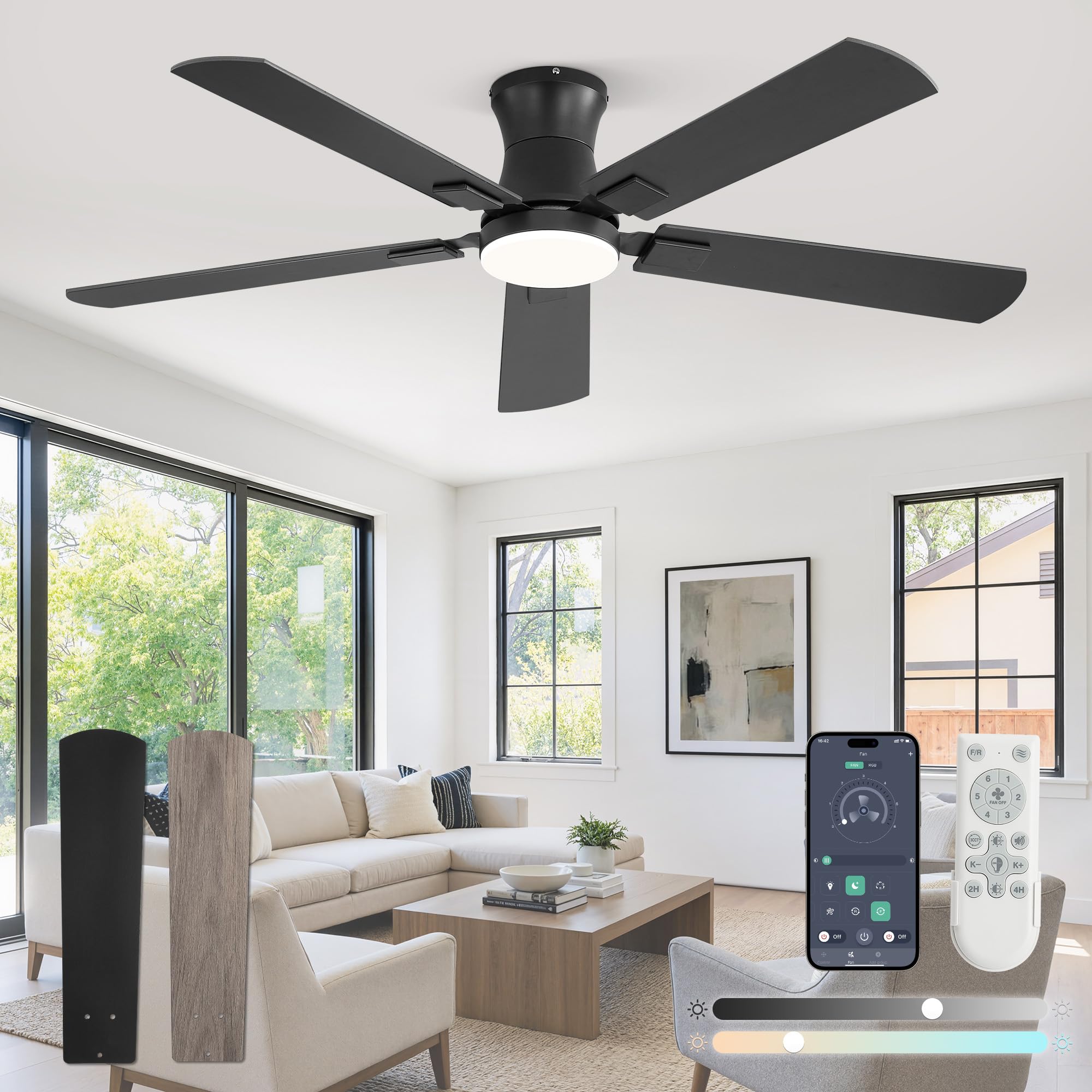 Fanbulous 52 inch front view showing sleek low-profile design and balanced blades, enhances room decor
