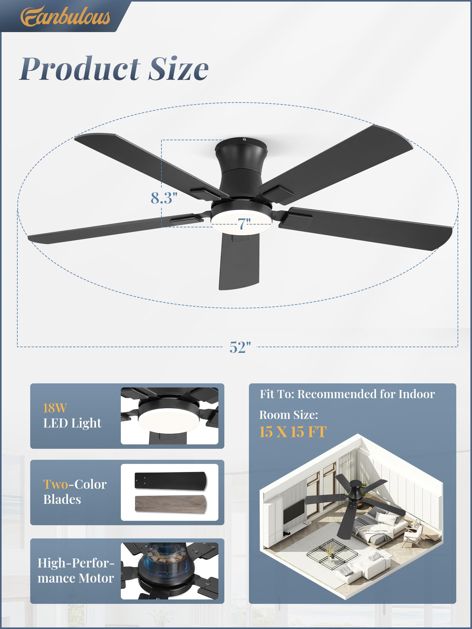 Fanbulous installed in modern living room, delivers quiet airflow and integrated lighting benefit