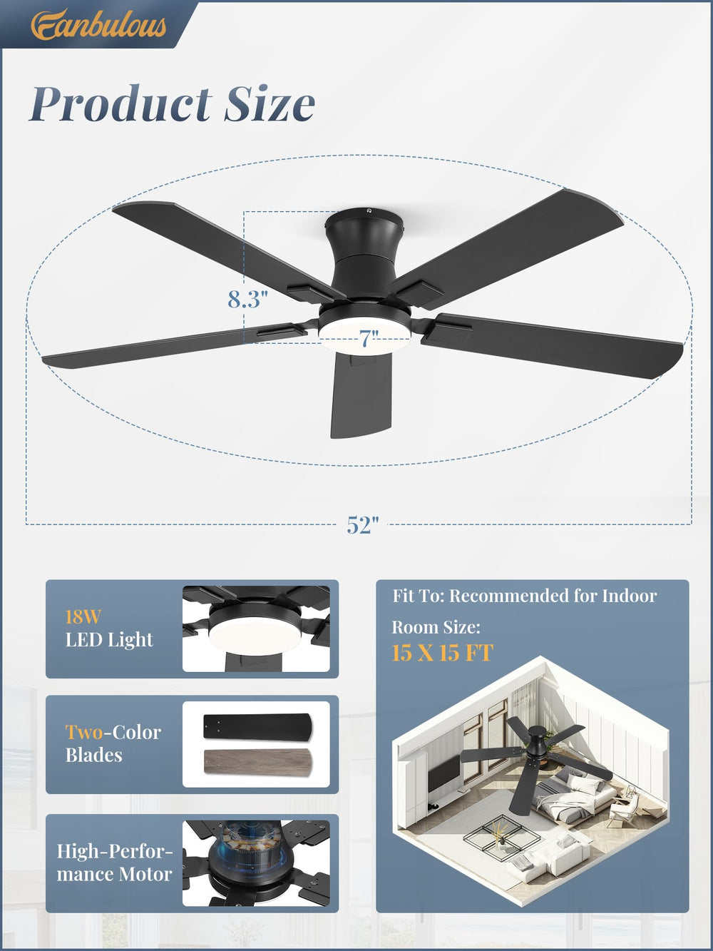 Fanbulous installed in modern living room, delivers quiet airflow and integrated lighting benefit