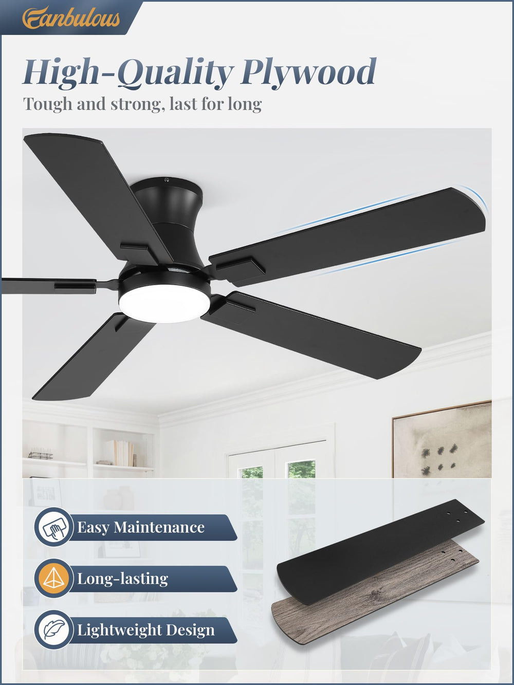 Fanbulous beside chair for scale, shows 52-inch sweep suitable for average living spaces