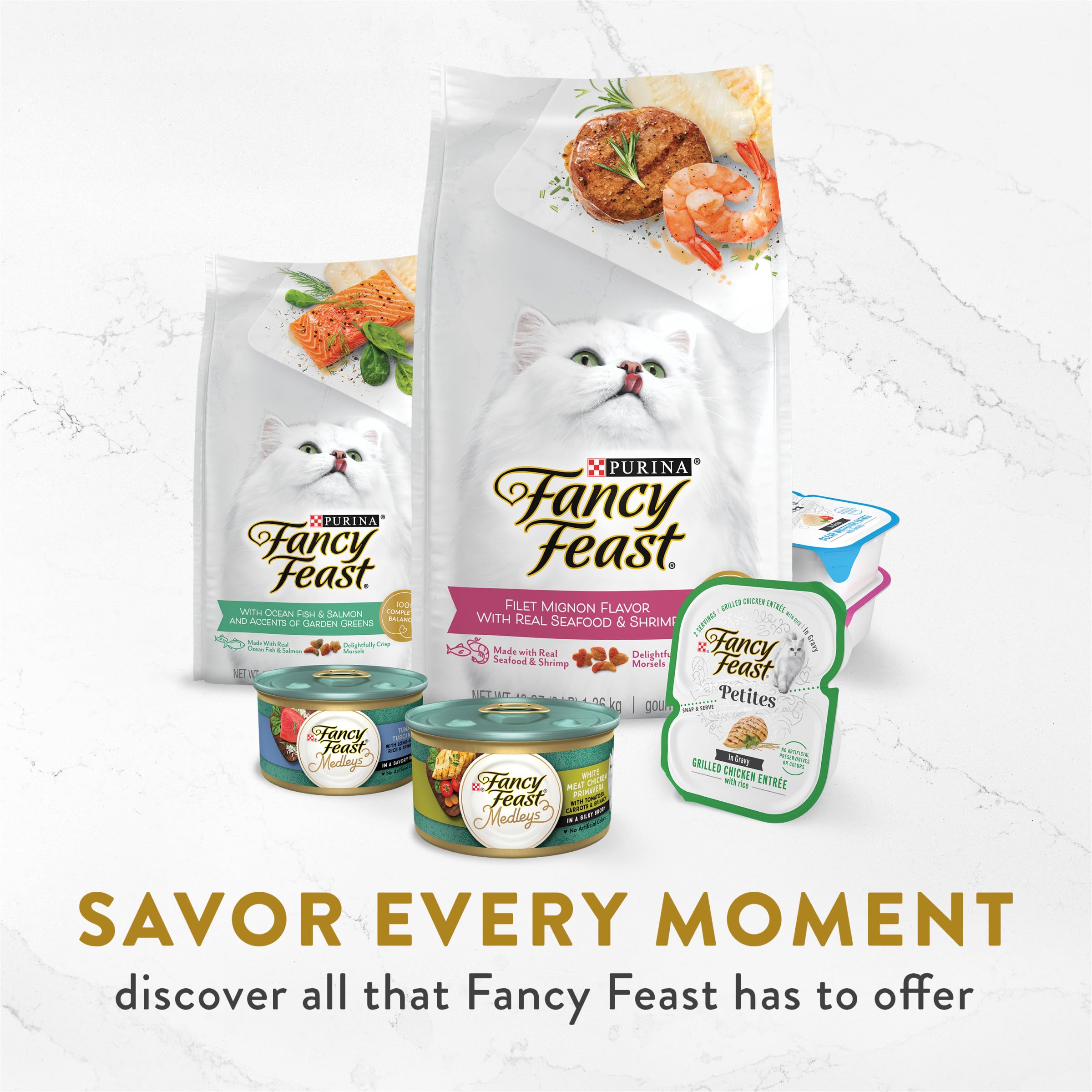 Fancy Feast twelve-pouch box layout emphasizing variety and value