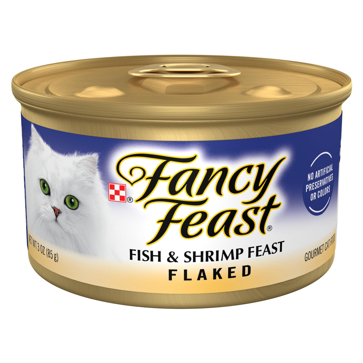 Fancy Feast front packaging showing seafood cans and brand benefit