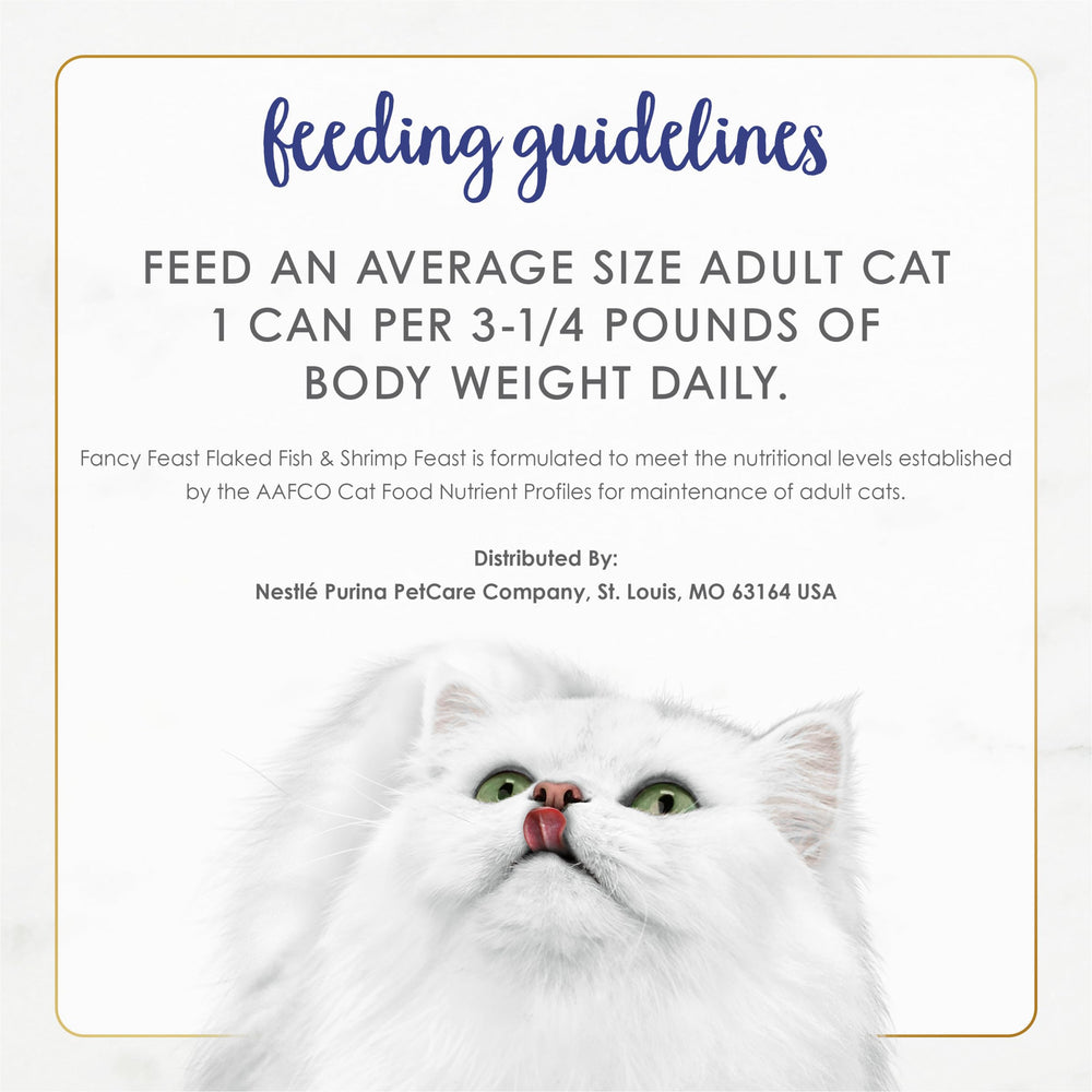 Raw fish and shrimp ingredients beside Fancy Feast can showing quality benefit
