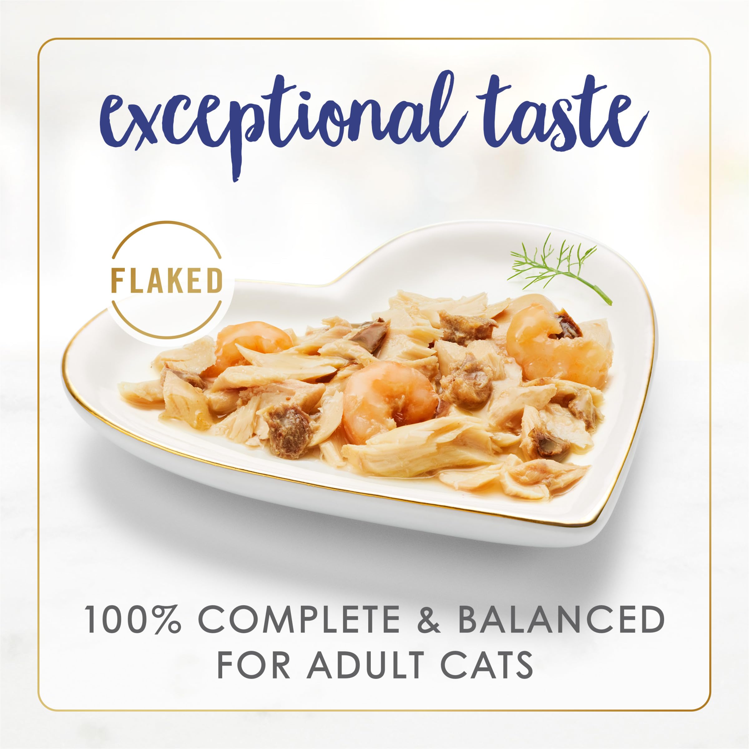 Fancy Feast open can showing flaked fish and shrimp with moisture benefit