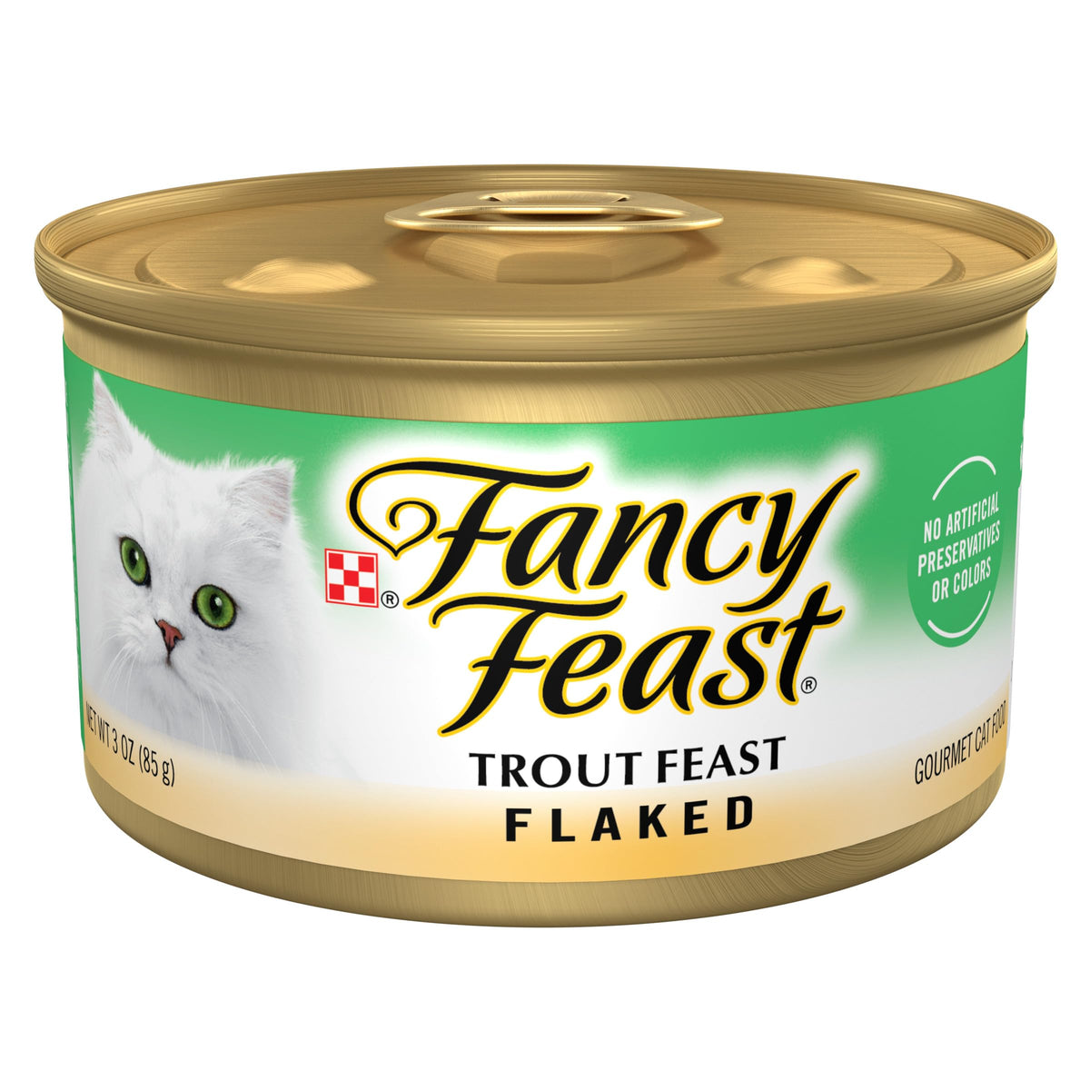 Fancy Feast front can showing trout flavor and appealing label benefit appetite appeal