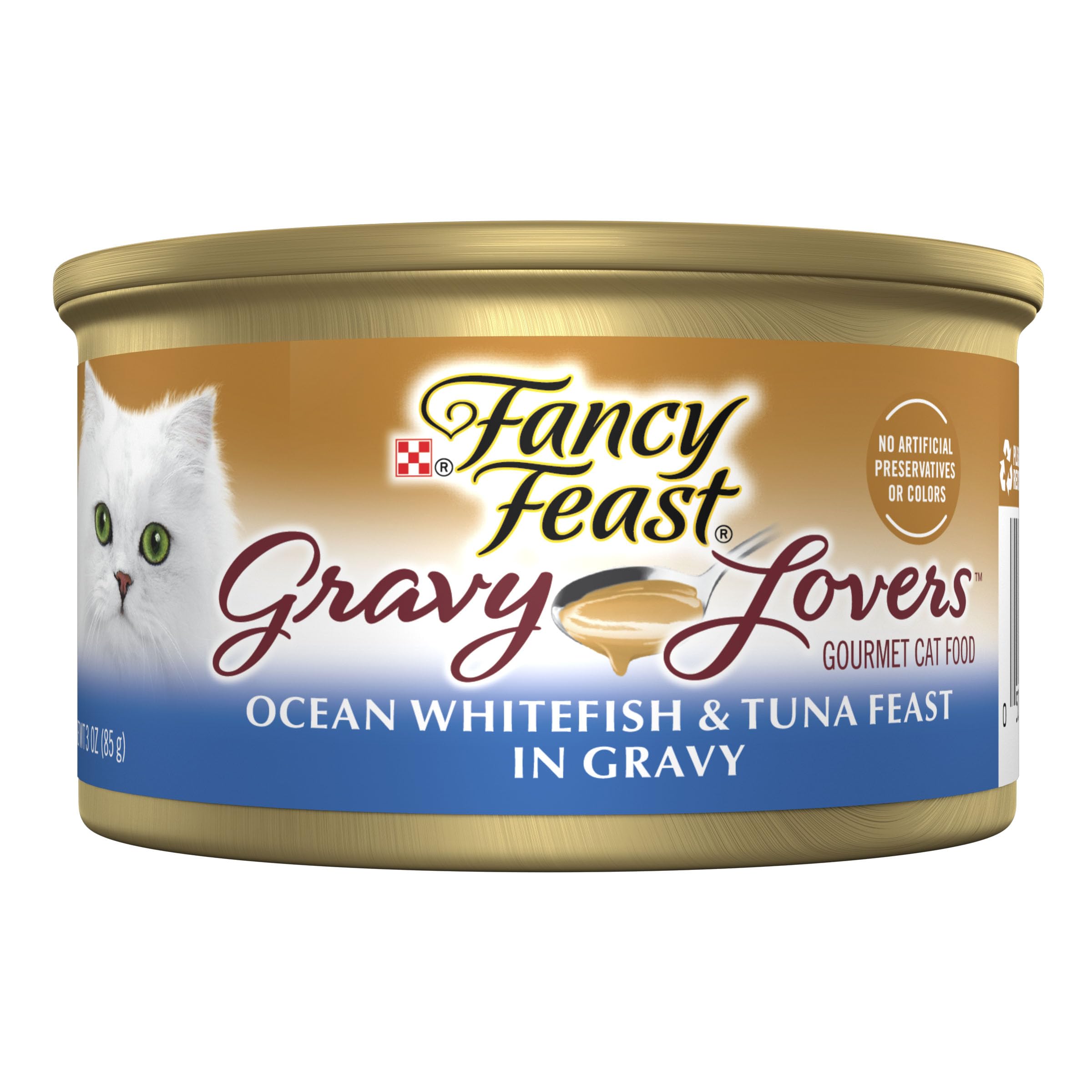 Fancy Feast front can showing label and flavor, highlights premium seafood taste