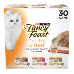 Fancy Feast front packaging showing 30-pack for variety and convenience