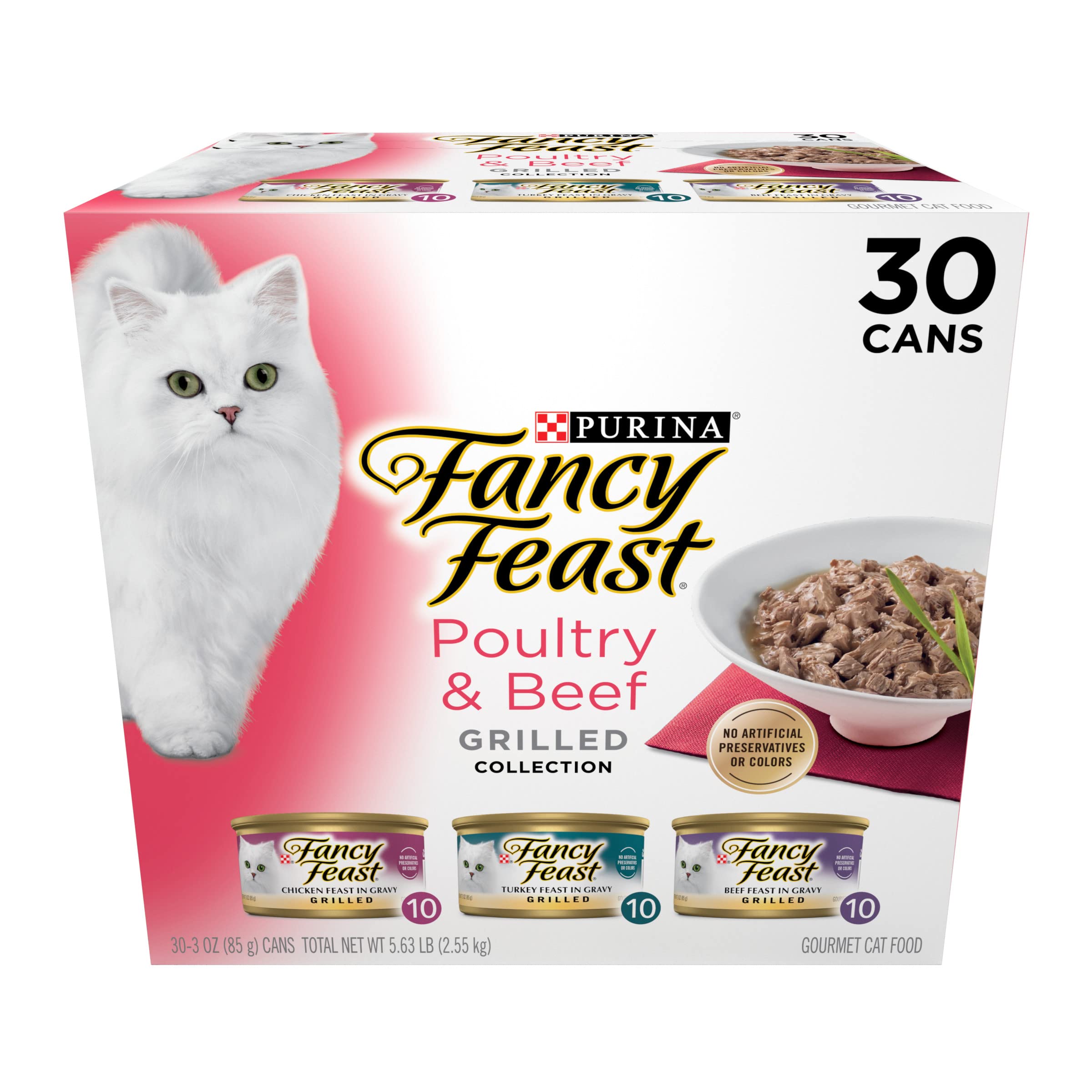 Fancy Feast front packaging 30-pack showing variety and convenience