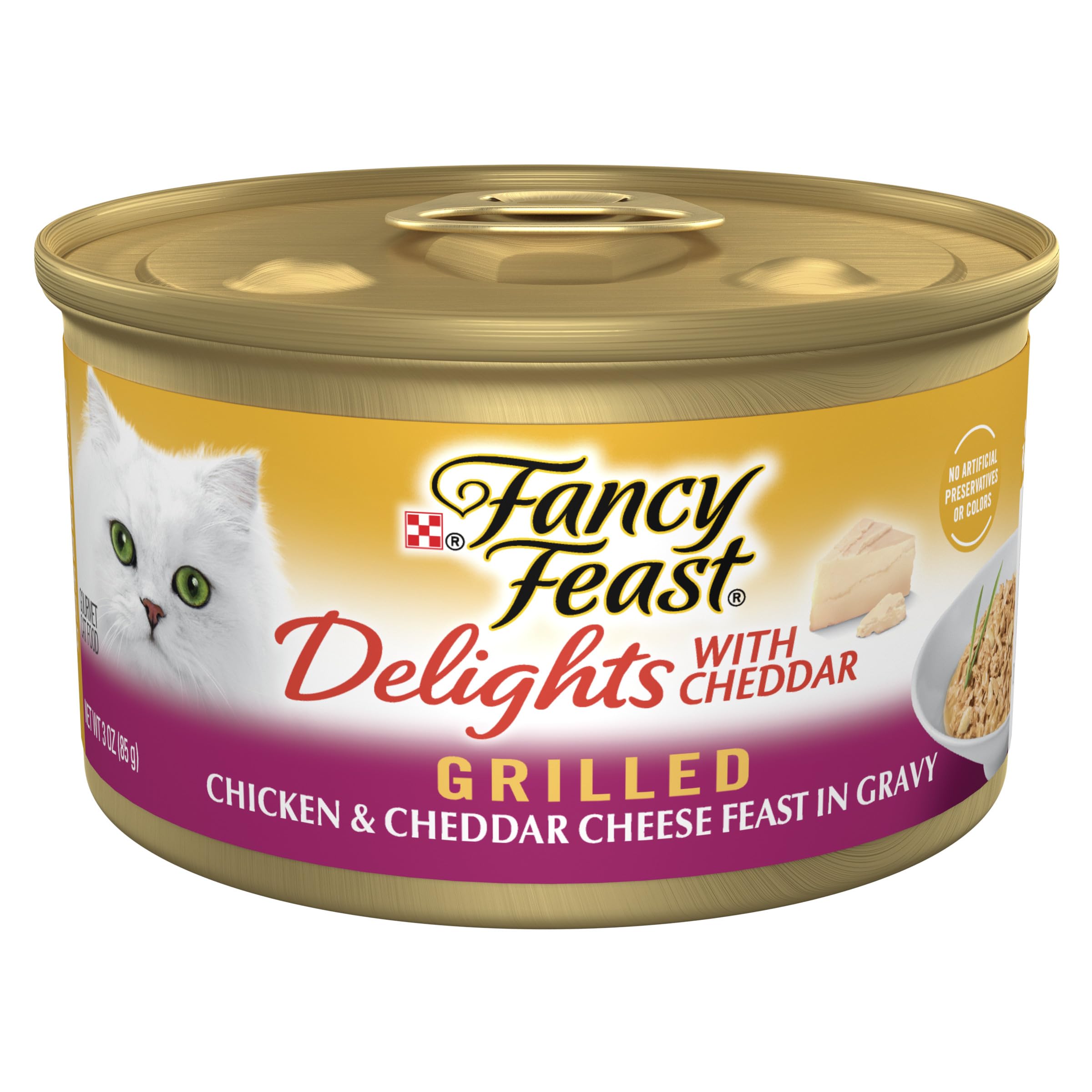 Fancy Feast front packaging showing grilled chicken cheddar variety and benefits