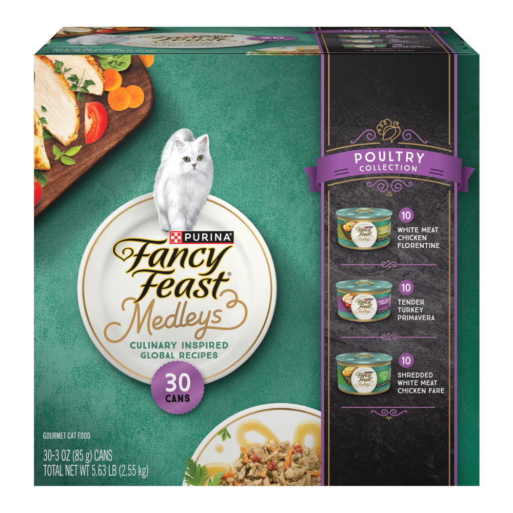 Fancy Feast front packaging 30-pack showing poultry variety and convenience