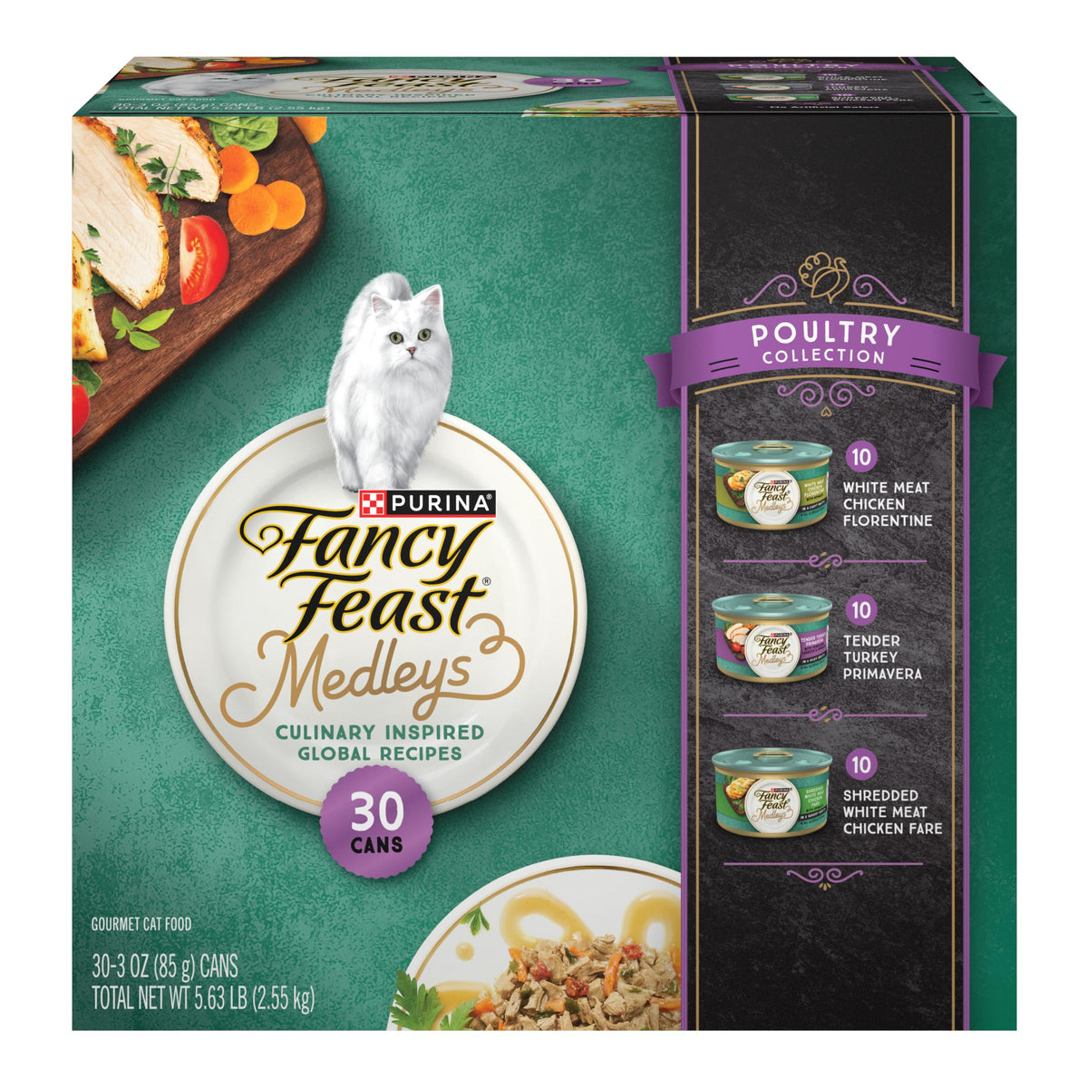Fancy Feast front packaging 30-pack showing poultry variety and convenience