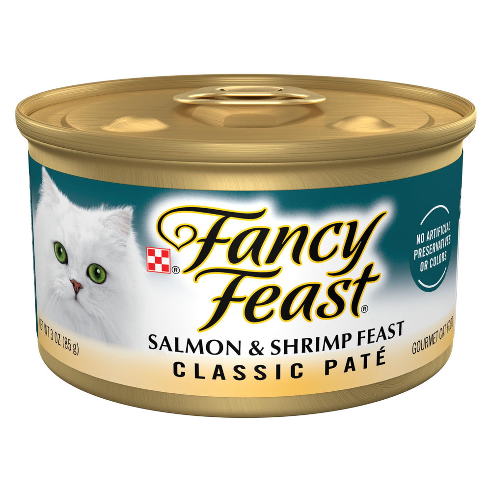 Fancy Feast front packaging showing salmon and shrimp flavor, appealing seafood aroma