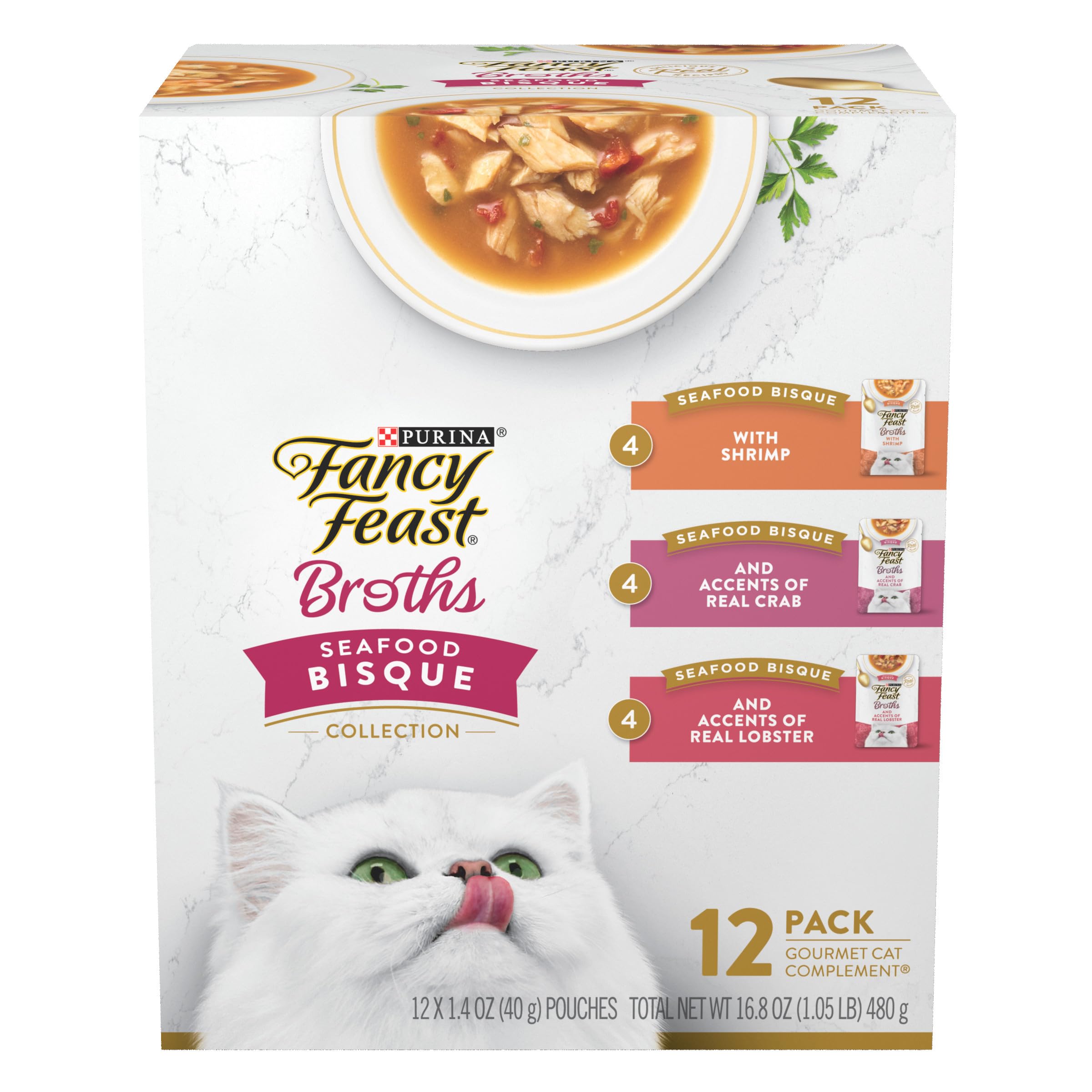 Fancy Feast front packaging showing seafood bisque variety and convenience