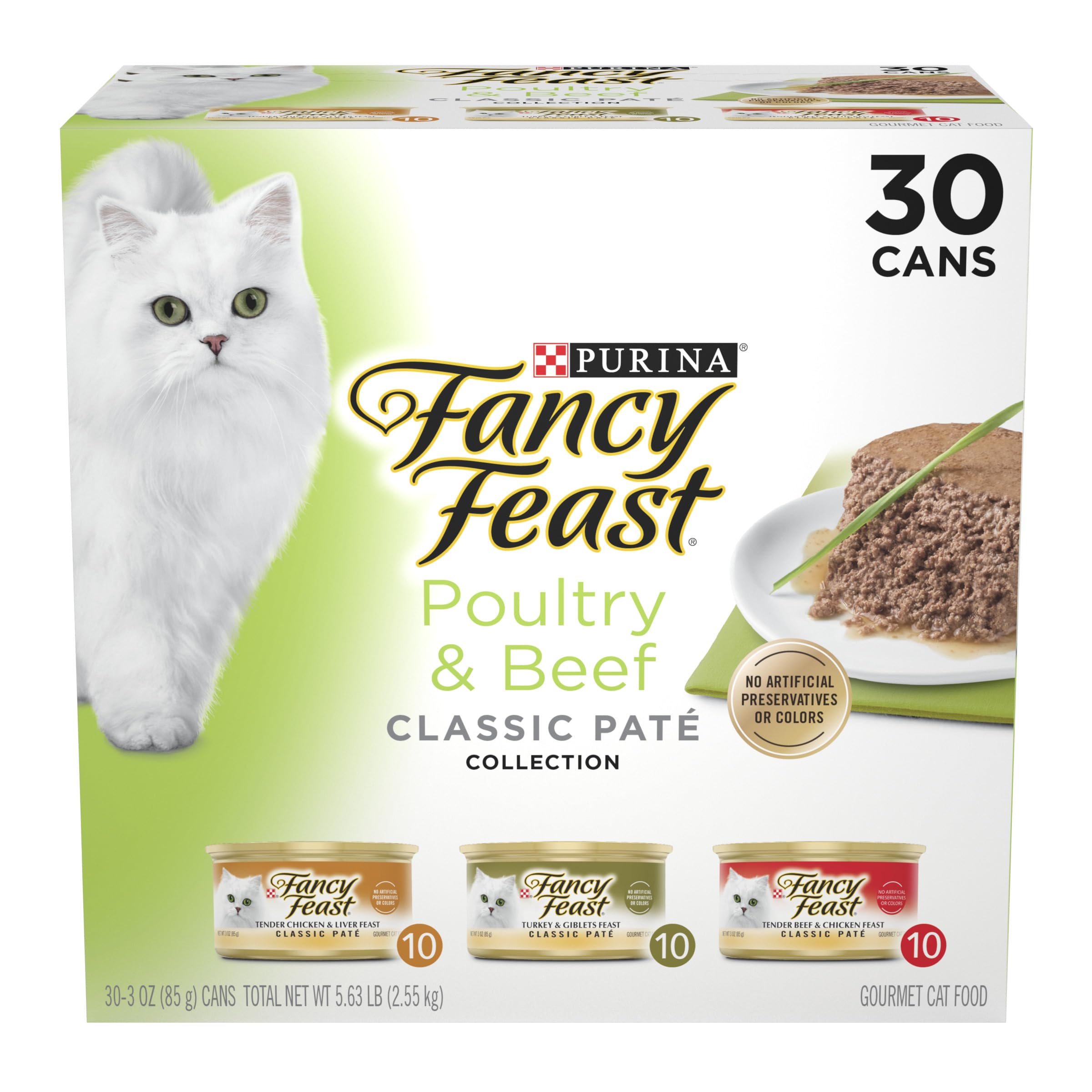 Fancy Feast front packaging showing the 30-pack and variety benefits