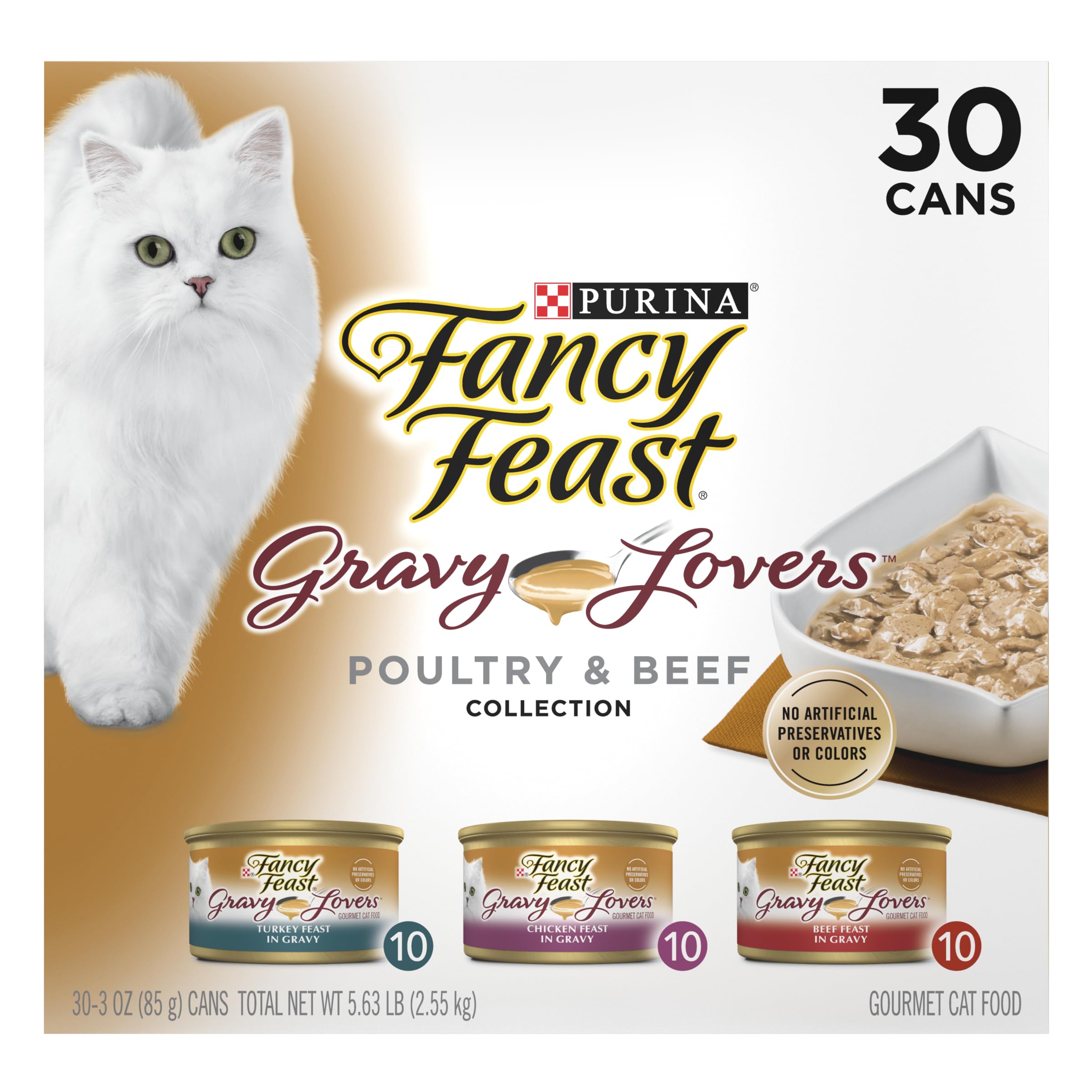 Fancy Feast front packaging showing 30‑can variety and convenient portions