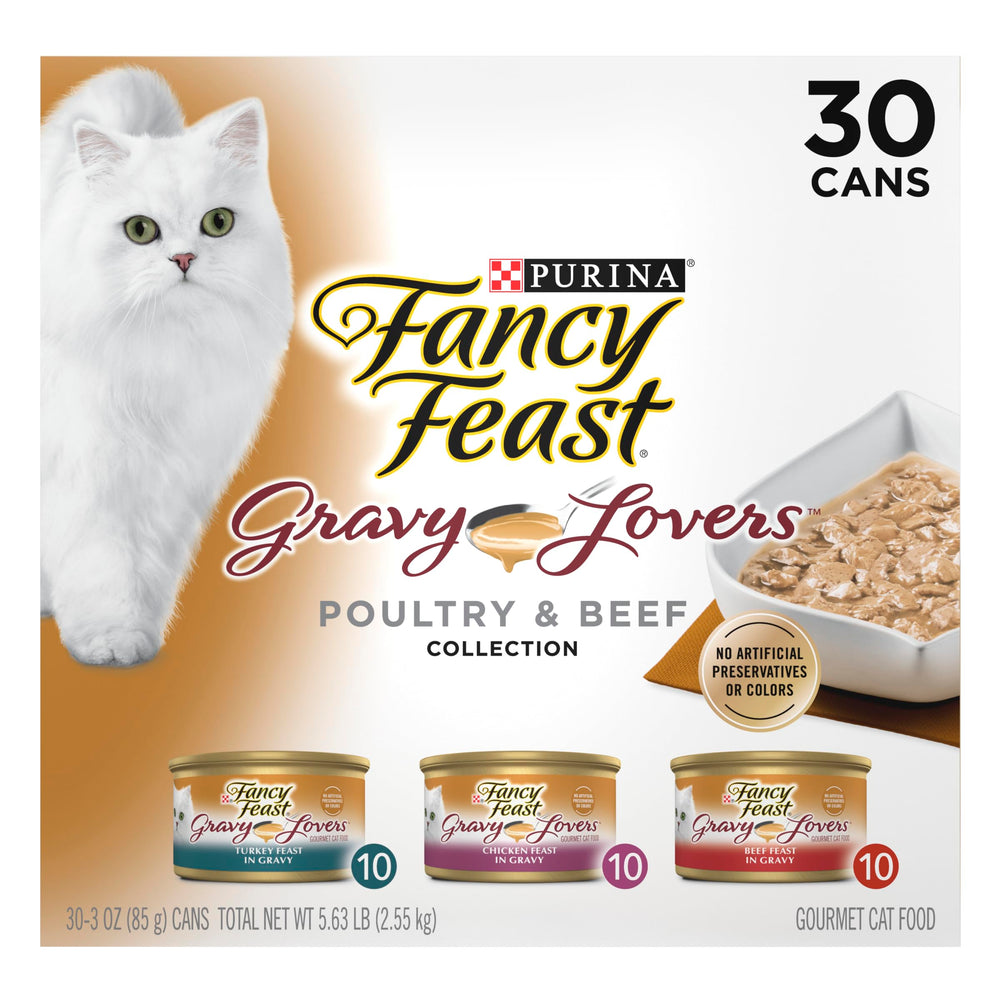 Fancy Feast front packaging showing 30‑can variety and convenient portions