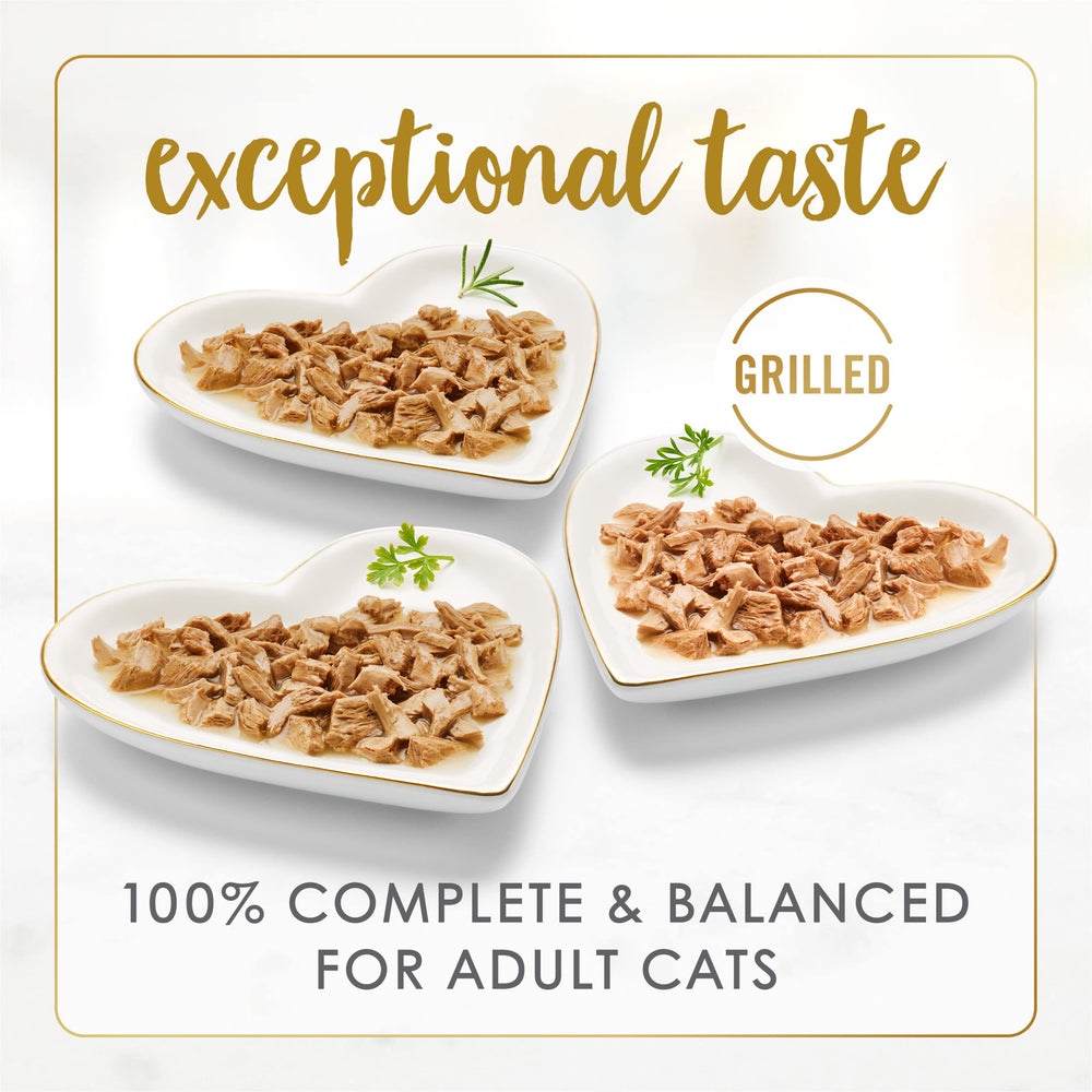Fancy Feast grilled chicken morsels close-up showing meaty pieces