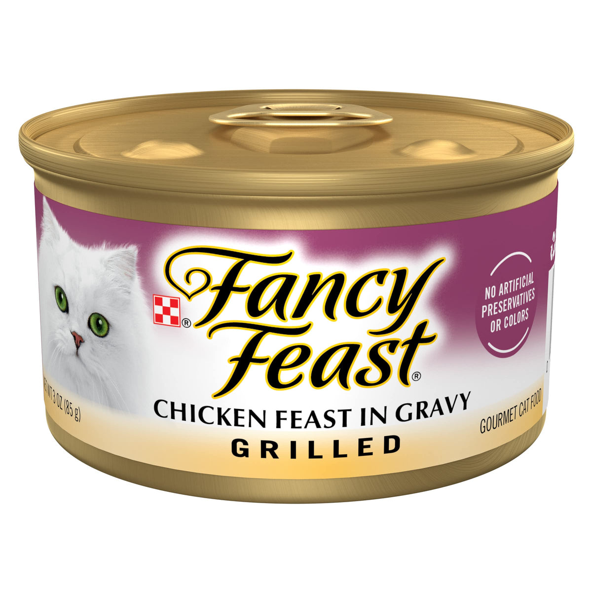 Fancy Feast front can showing grilled chicken label and brand benefits