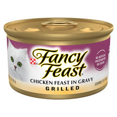 Fancy Feast front can showing grilled chicken label and brand benefits