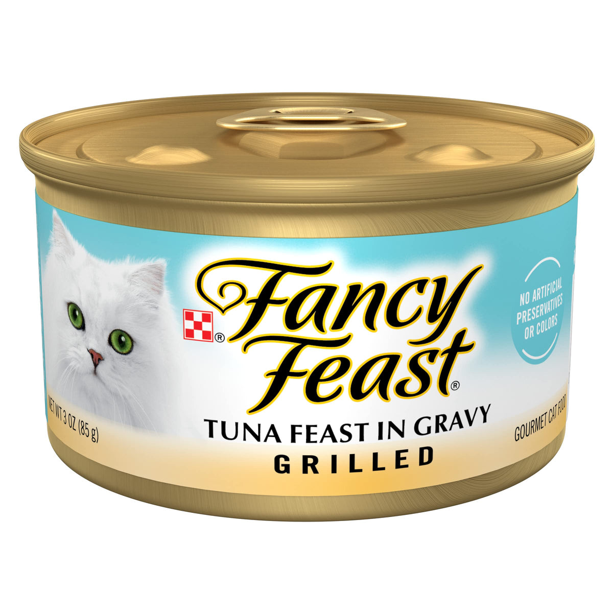 Fancy Feast front packaging showing grilled tuna cans and benefits of gourmet taste