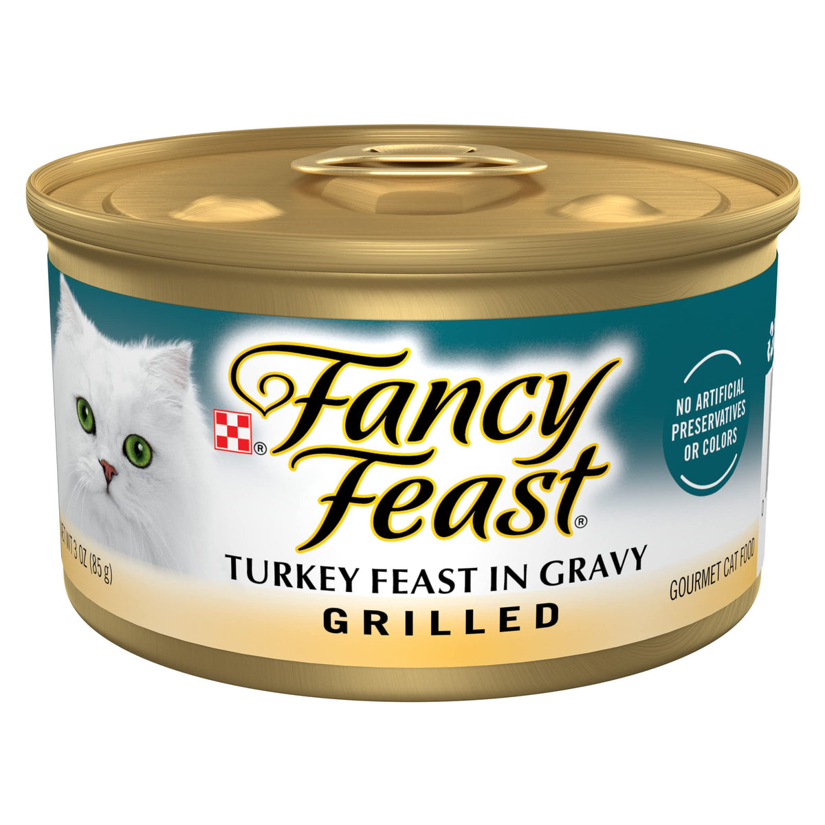 Fancy Feast front can showing grilled turkey branding and gourmet appeal