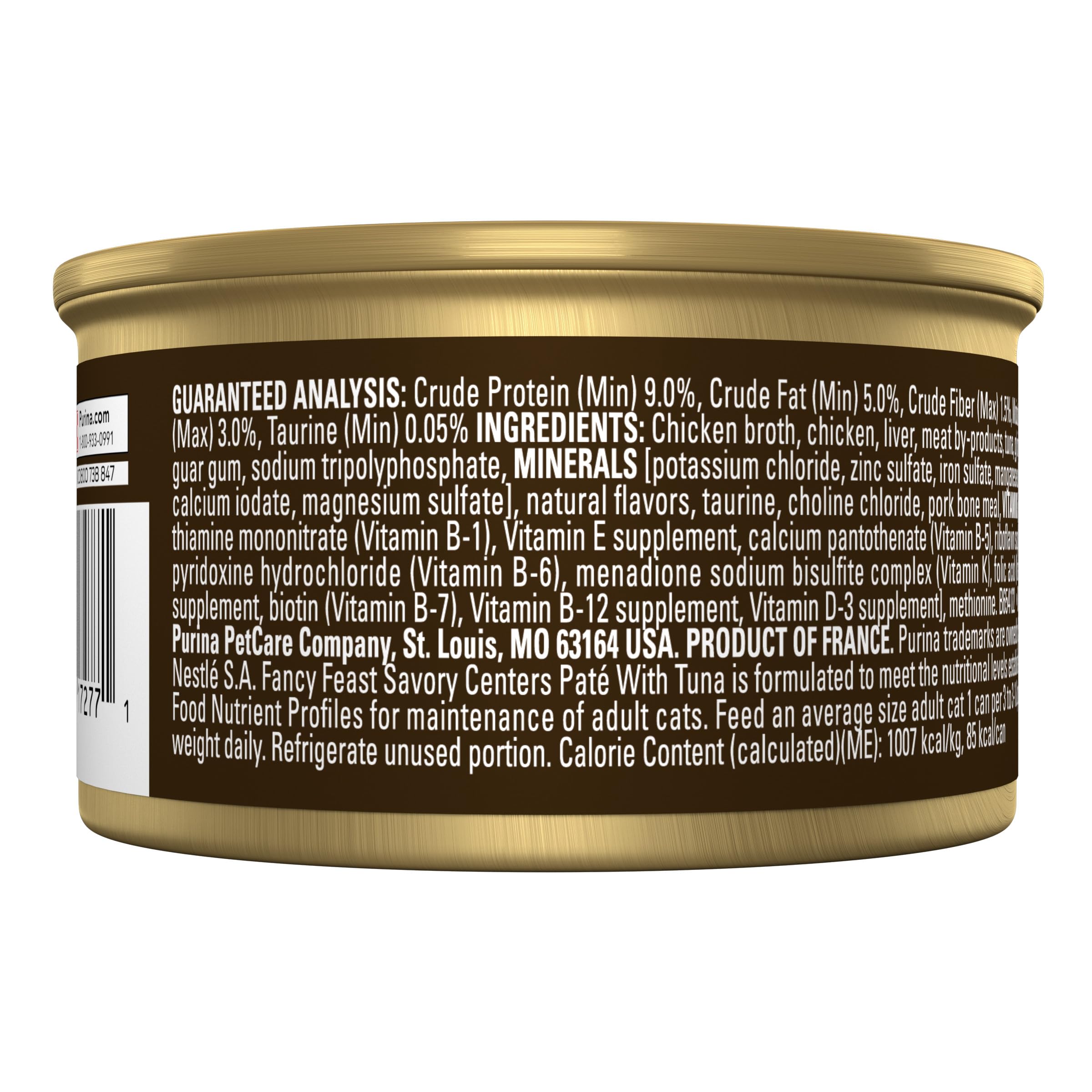 Fancy Feast ingredients panel close-up showing tuna and nutritional information