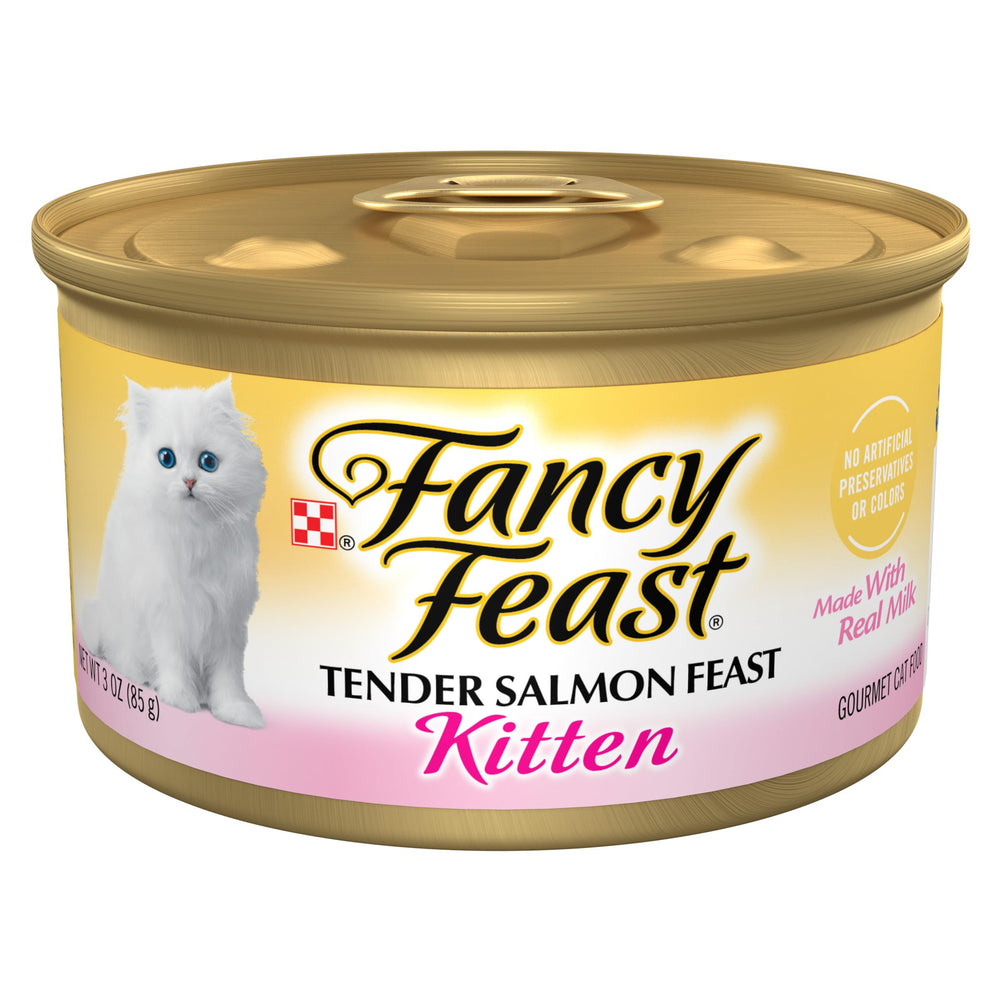 Fancy Feast front can view showing kitten salmon flavor and convenience