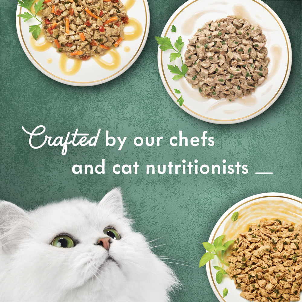 Fancy Feast label close-up showing ingredients and balanced nutrition