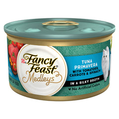 Fancy Feast front can view showing tuna primavera and enticing label benefit of gourmet flavor