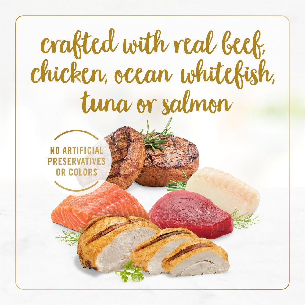 Fancy Feast ocean whitefish can label emphasizing seafood flavor and high palatability
