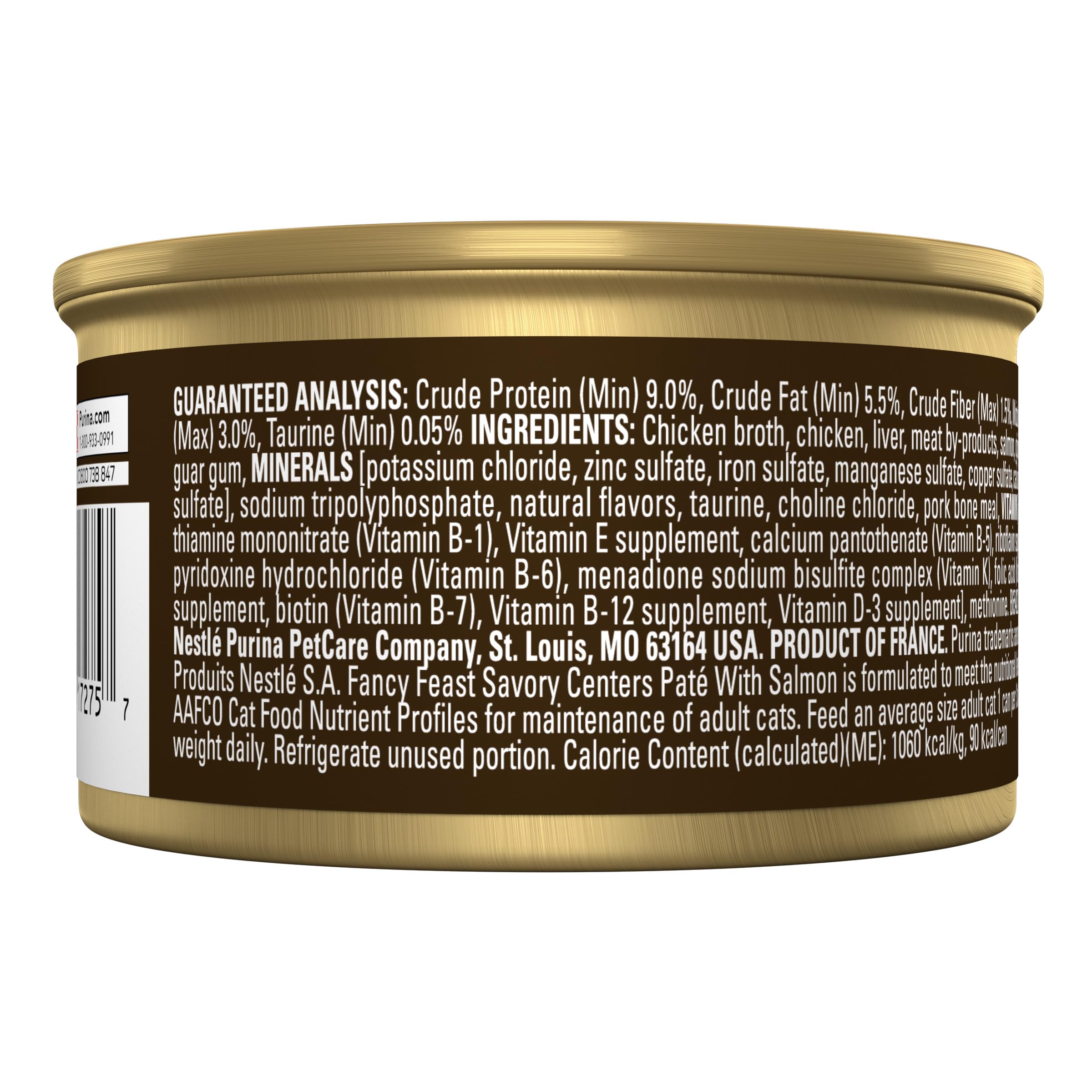 Fancy Feast label close-up showing ingredients and guaranteed analysis clearly